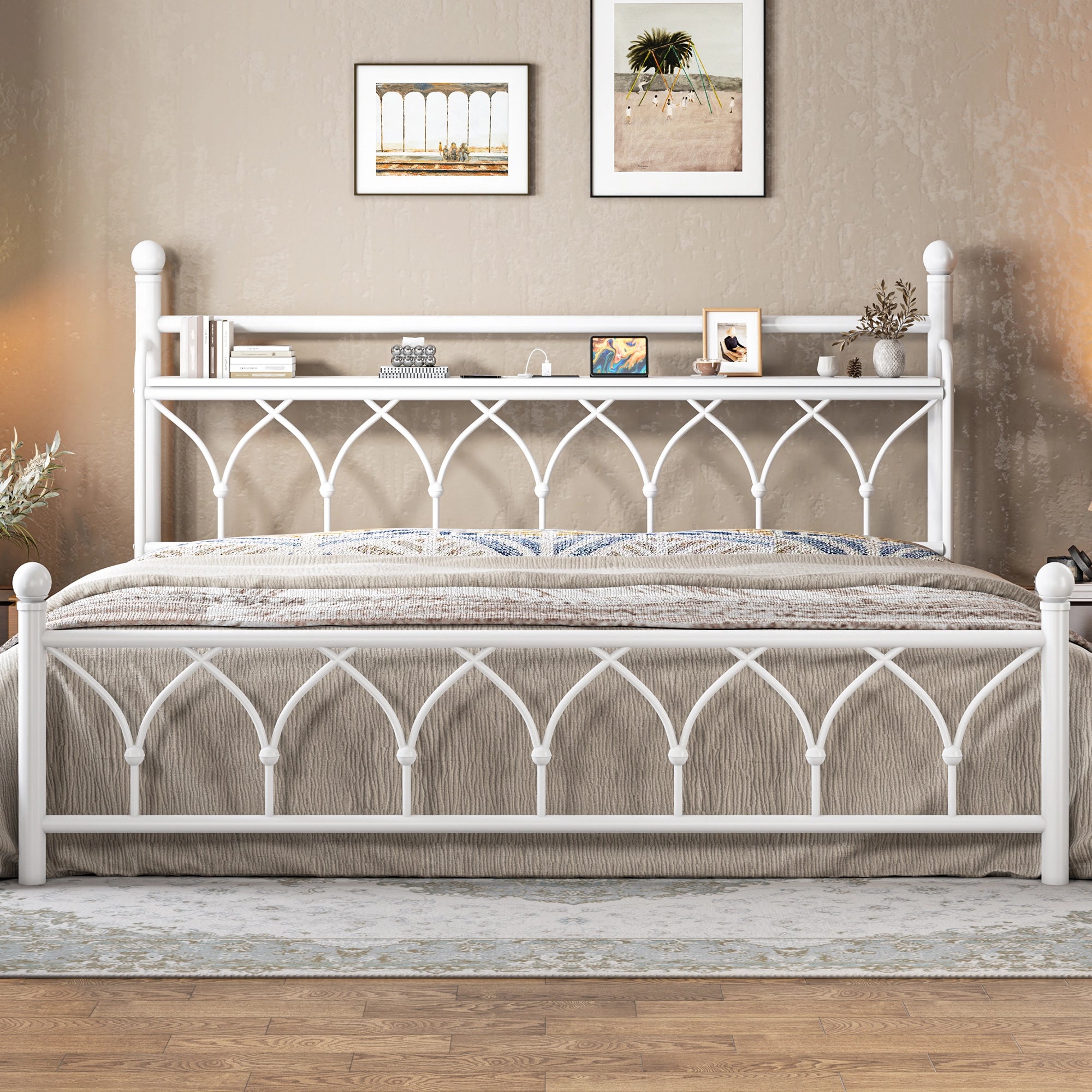 Functional Metal Bed Frame with LED Headboard & Charging Station – Storage Shelf, Noise-Free Design, 882lbs Capacity