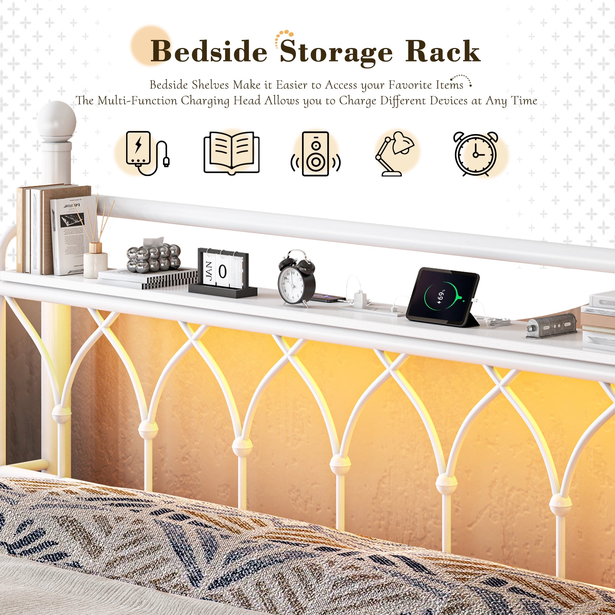 Functional Metal Bed Frame with LED Headboard & Charging Station – Storage Shelf, Noise-Free Design, 882lbs Capacity