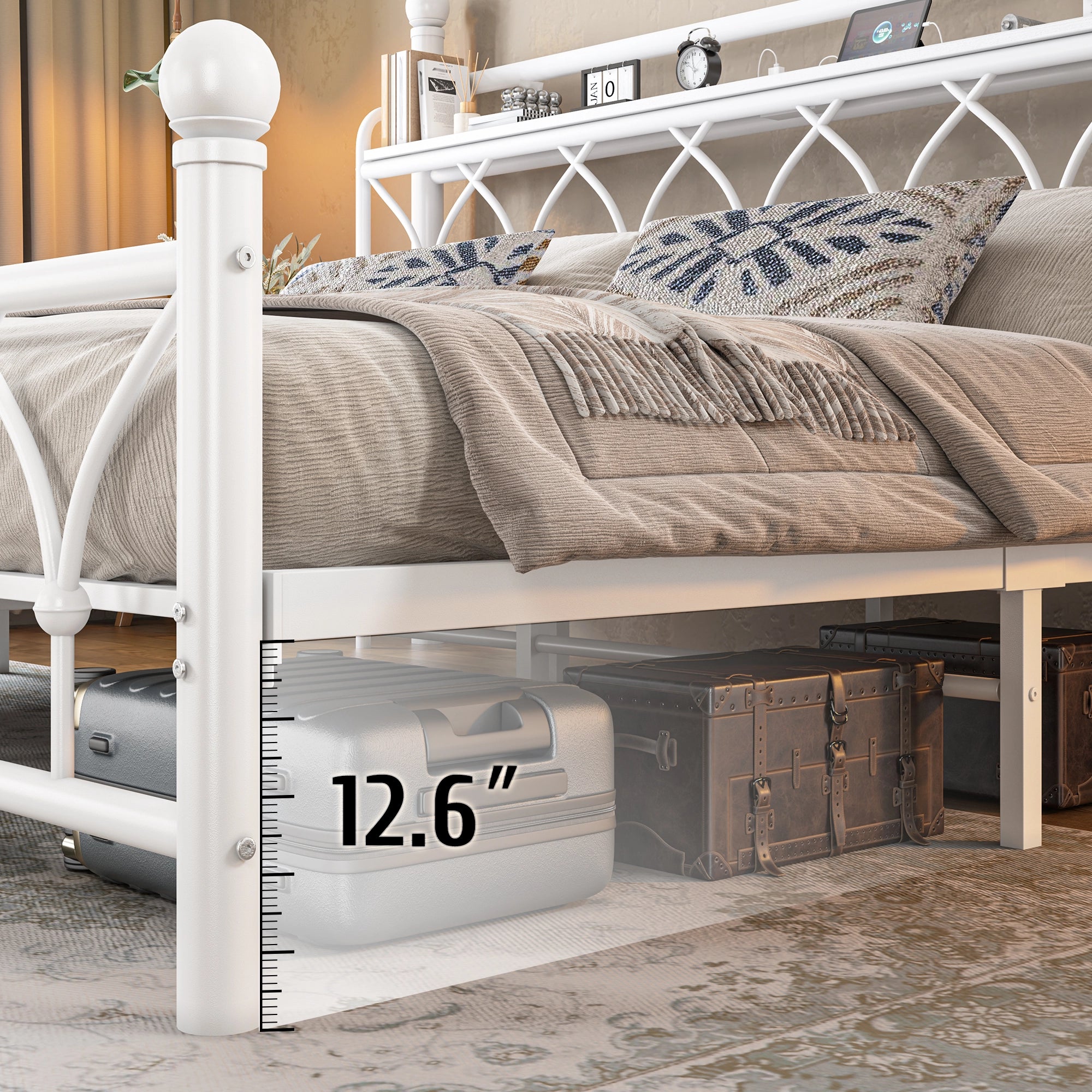 Functional Metal Bed Frame with LED Headboard & Charging Station – Storage Shelf, Noise-Free Design, 882lbs Capacity