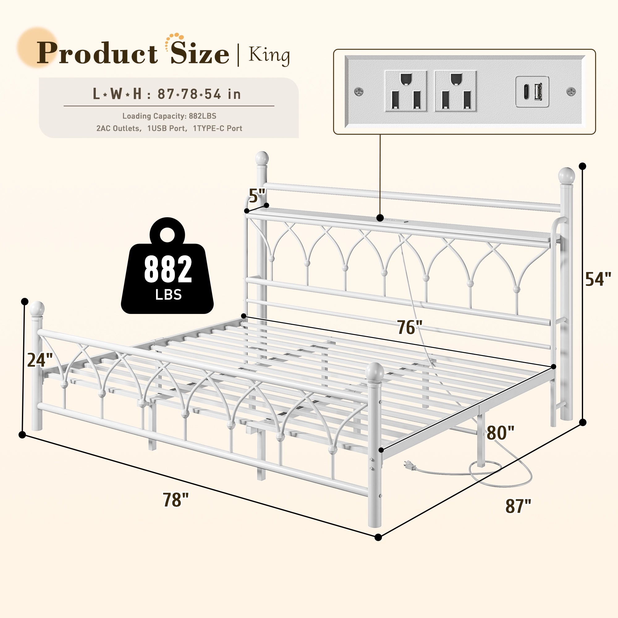 Functional Metal Bed Frame with LED Headboard & Charging Station – Storage Shelf, Noise-Free Design, 882lbs Capacity