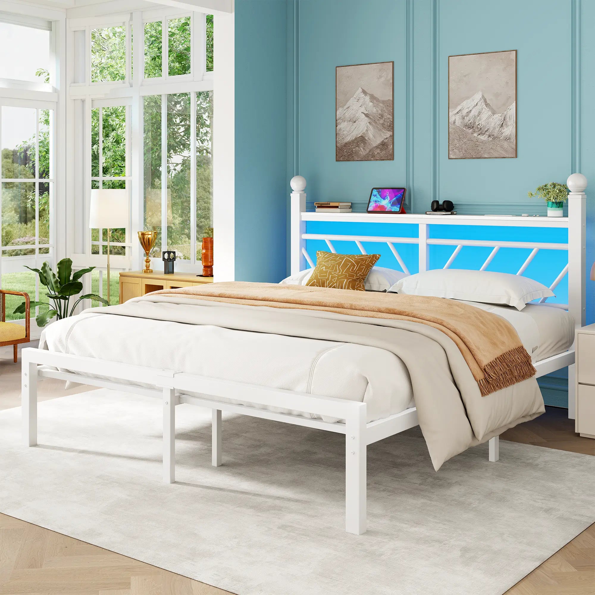 Snhomee Metal Bed Frame with LED Light Headboard & Outlet, Noise-Free Design, Under-Bed Storage for Bedroom