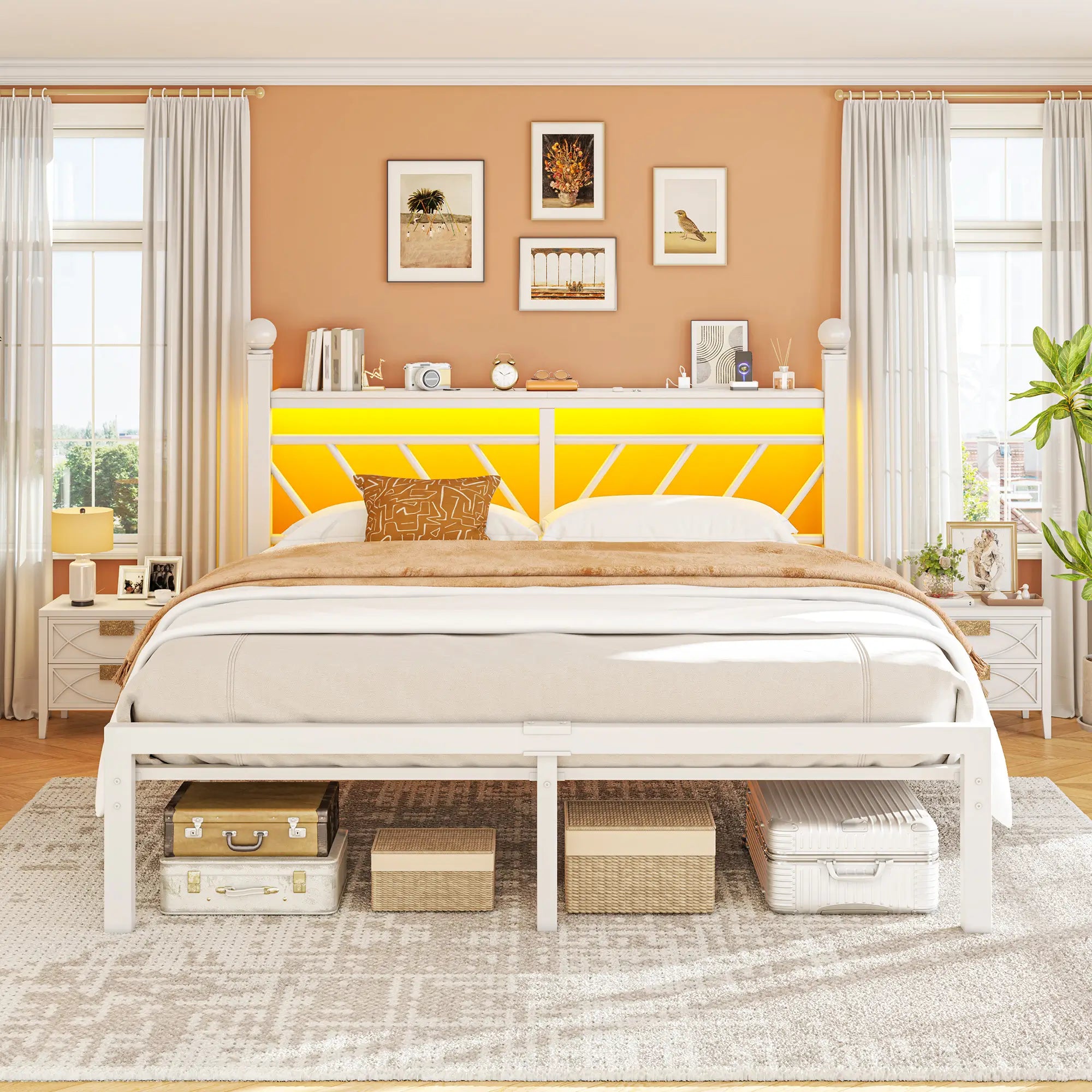 Snhomee Metal Bed Frame with LED Light Headboard & Outlet, Noise-Free Design, Under-Bed Storage for Bedroom