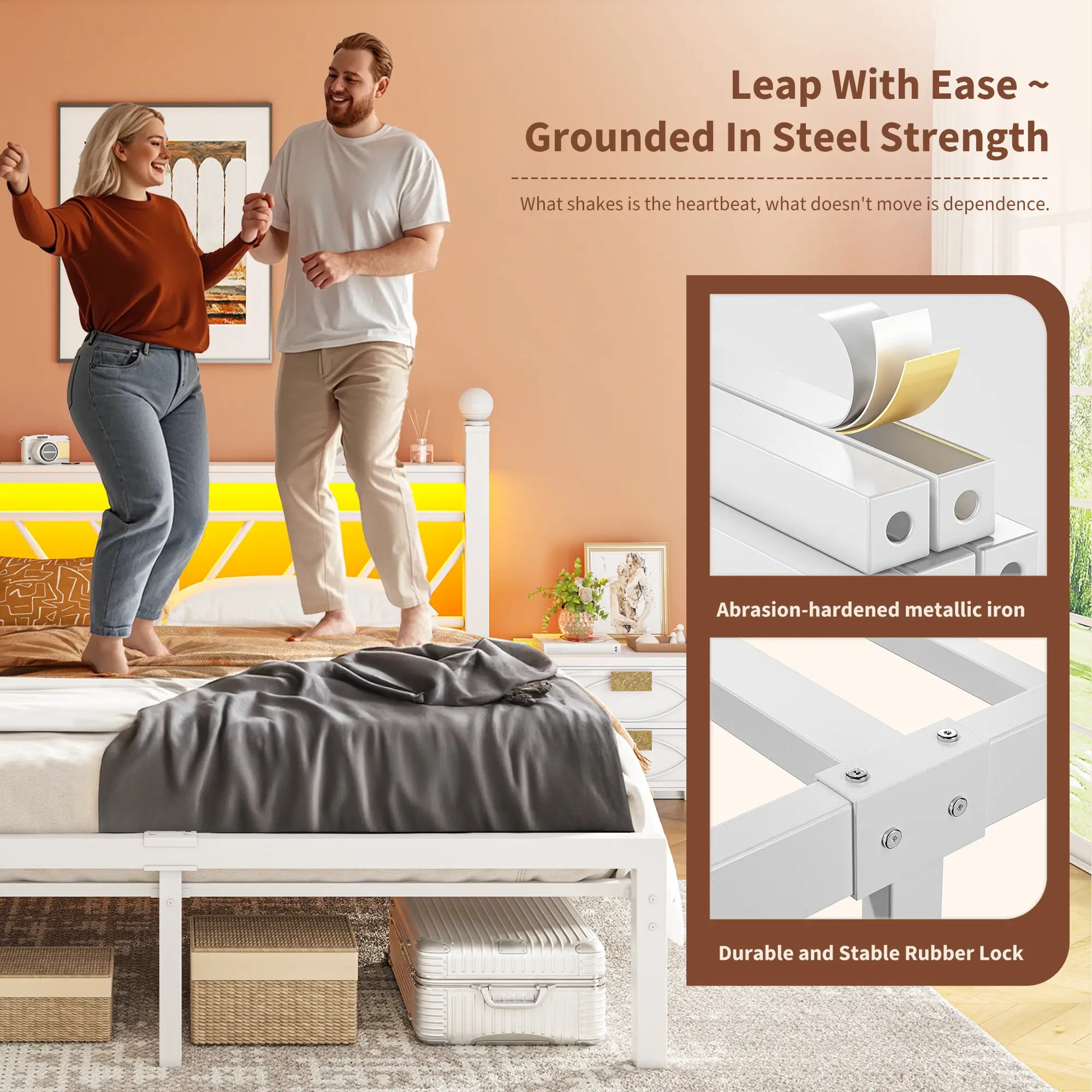 Snhomee Metal Bed Frame with LED Light Headboard & Outlet, Noise-Free Design, Under-Bed Storage for Bedroom