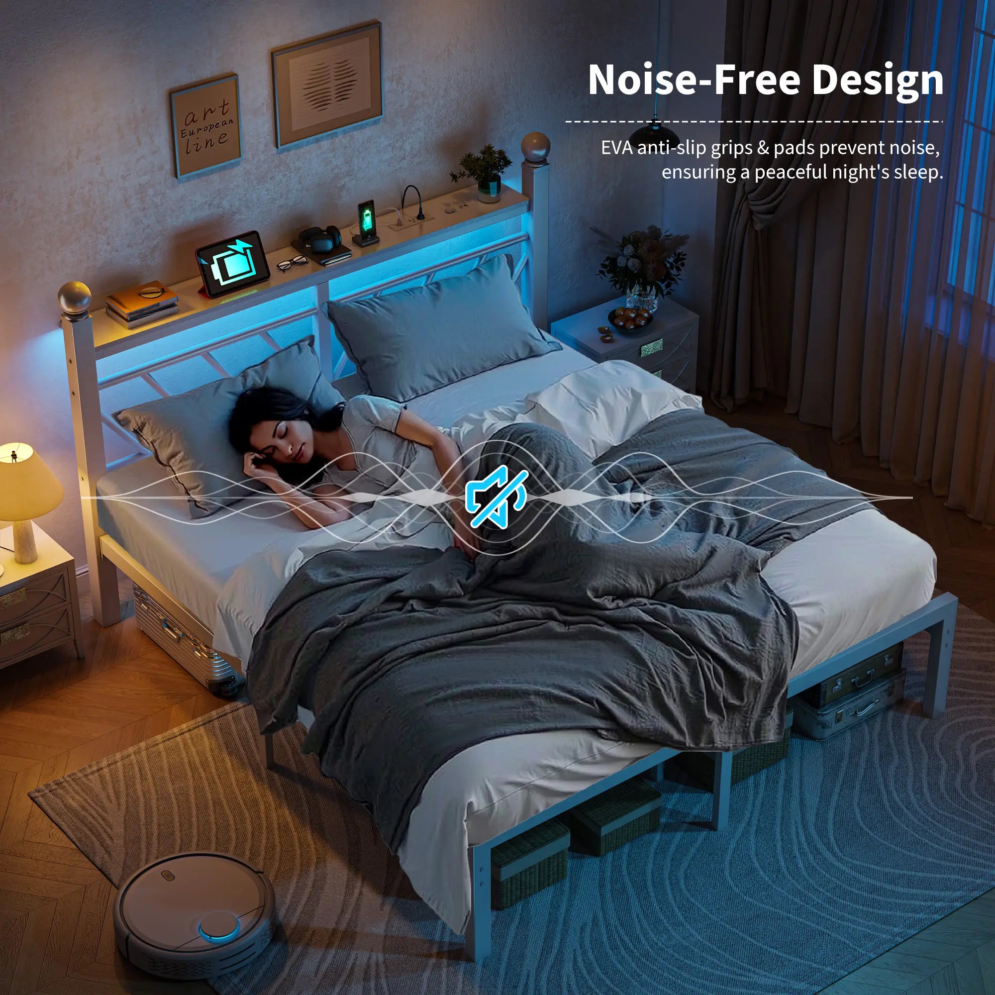 Snhomee Metal Bed Frame with LED Light Headboard & Outlet, Noise-Free Design, Under-Bed Storage for Bedroom