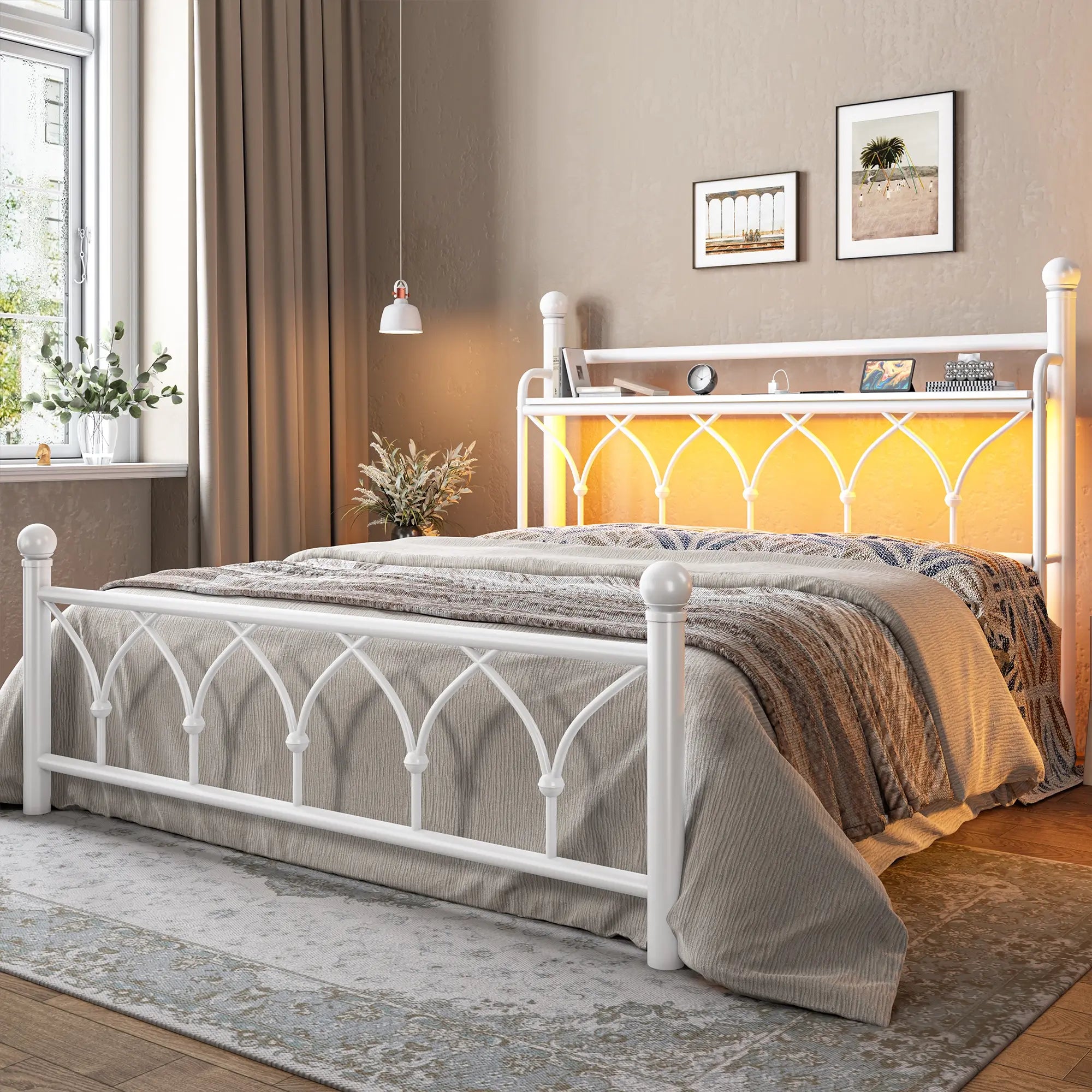 Functional Metal Bed Frame with LED Headboard & Charging Station – Storage Shelf, Noise-Free Design, 882lbs Capacity