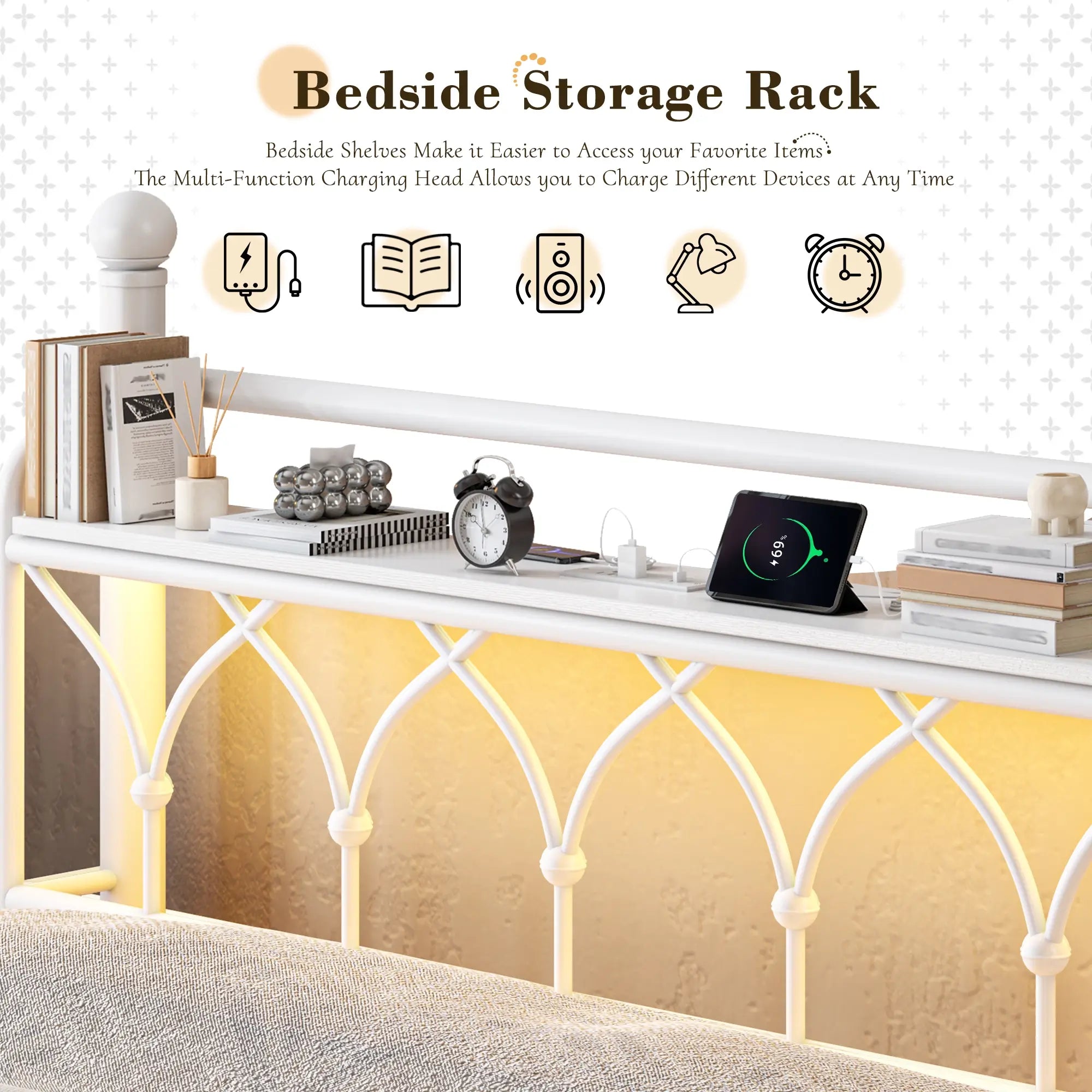 Functional Metal Bed Frame with LED Headboard & Charging Station – Storage Shelf, Noise-Free Design, 882lbs Capacity