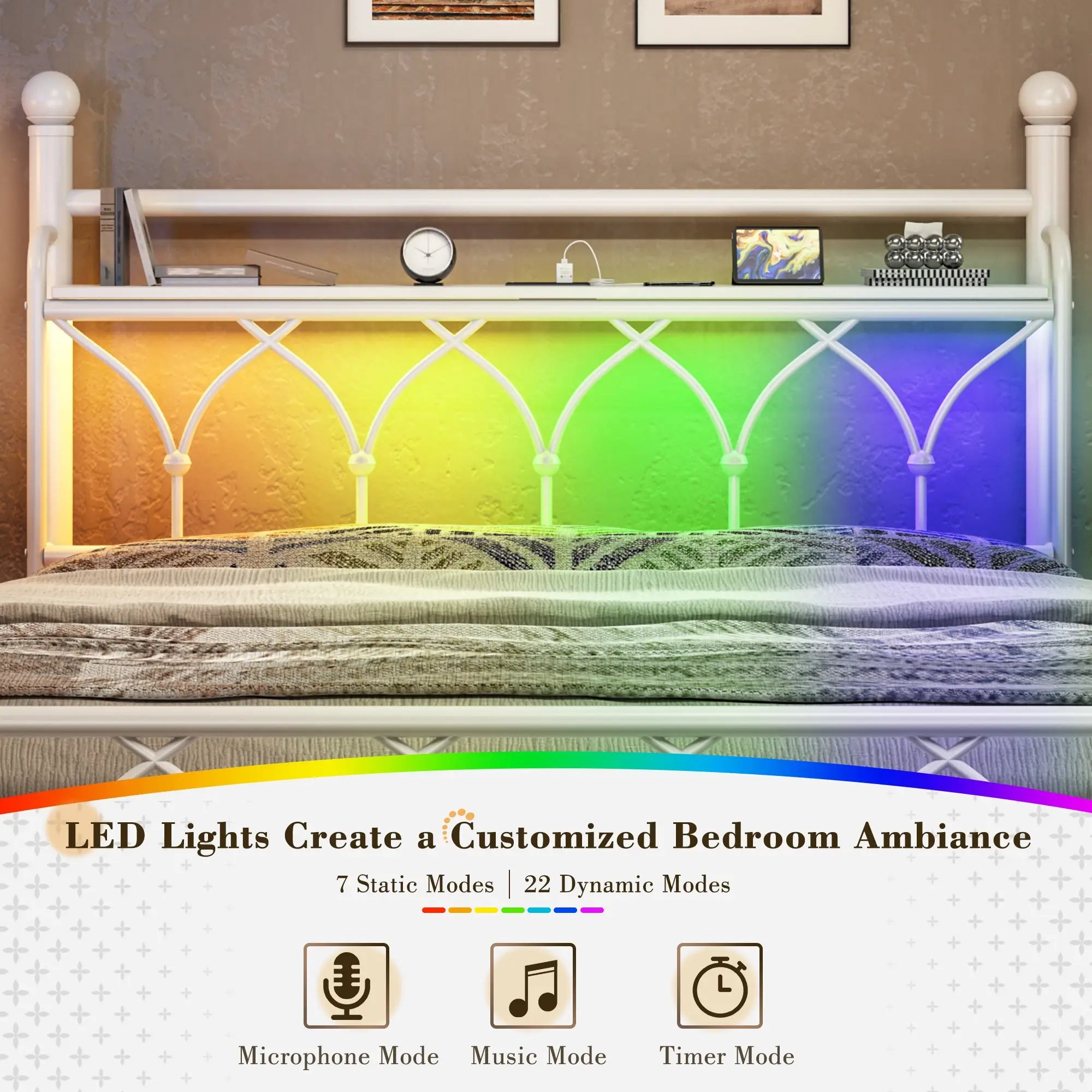 Functional Metal Bed Frame with LED Headboard & Charging Station – Storage Shelf, Noise-Free Design, 882lbs Capacity