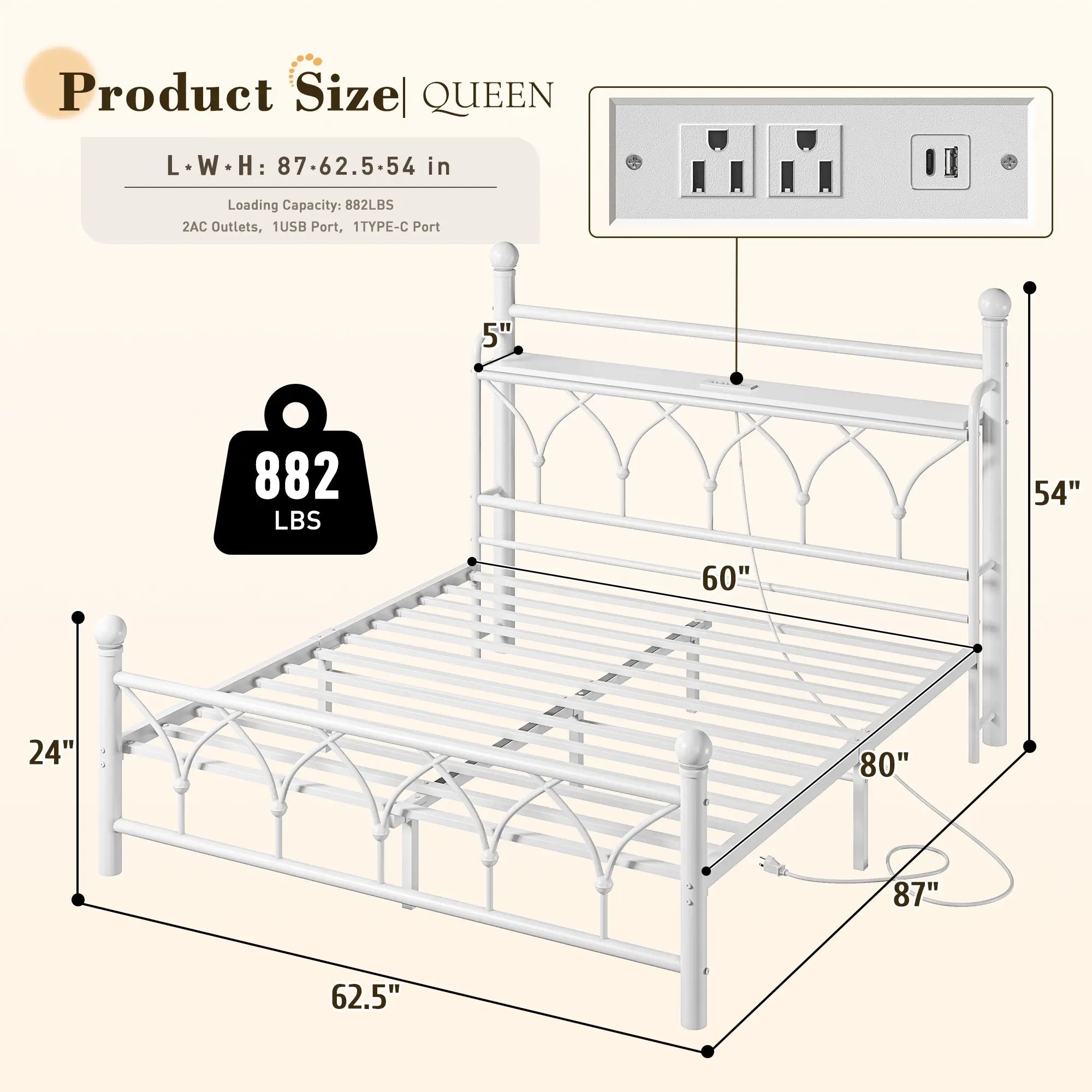 Functional Metal Bed Frame with LED Headboard & Charging Station – Storage Shelf, Noise-Free Design, 882lbs Capacity