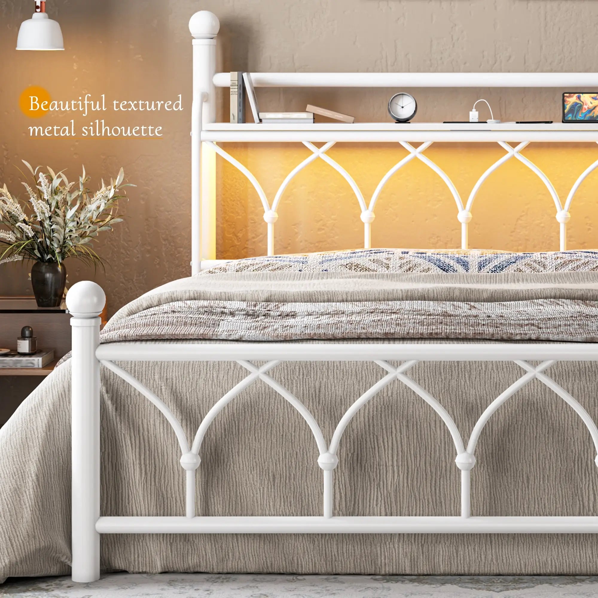 Functional Metal Bed Frame with LED Headboard & Charging Station – Storage Shelf, Noise-Free Design, 882lbs Capacity