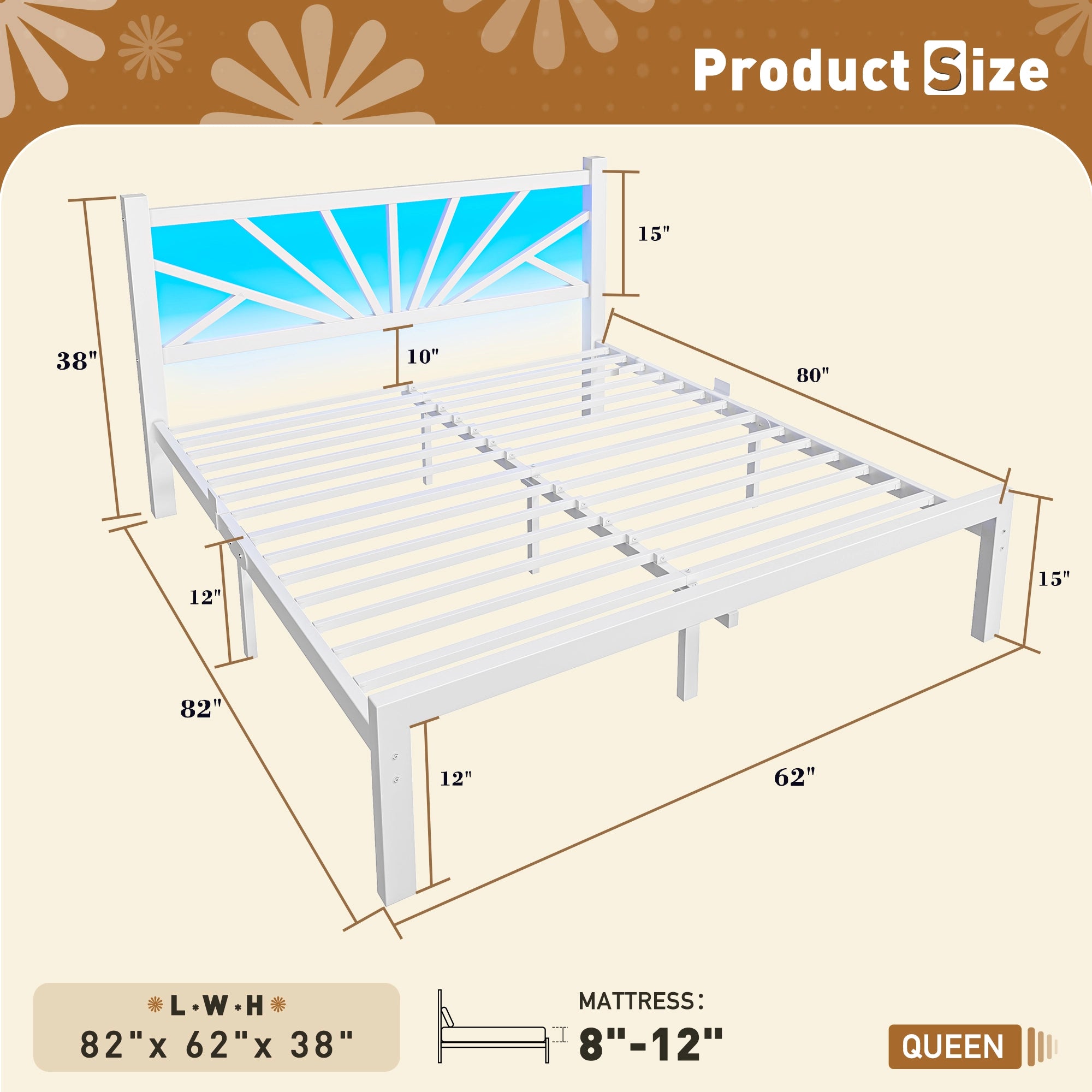 Snhomee Metal Bed Frame with LED Backlight, Storage Space, 1800lbs Weight Capacity & Quiet Structure