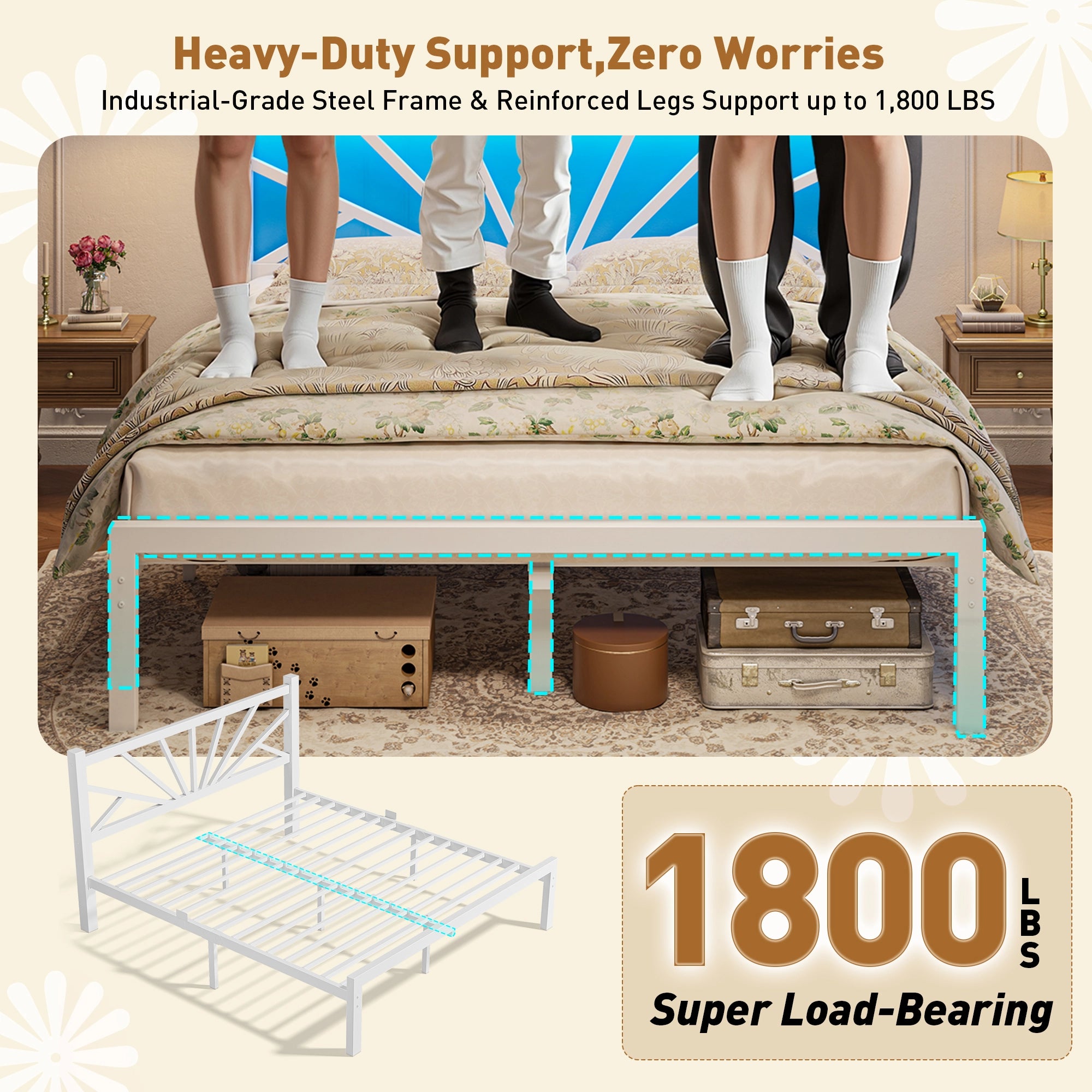 Snhomee Metal Bed Frame with LED Backlight, Storage Space, 1800lbs Weight Capacity & Quiet Structure