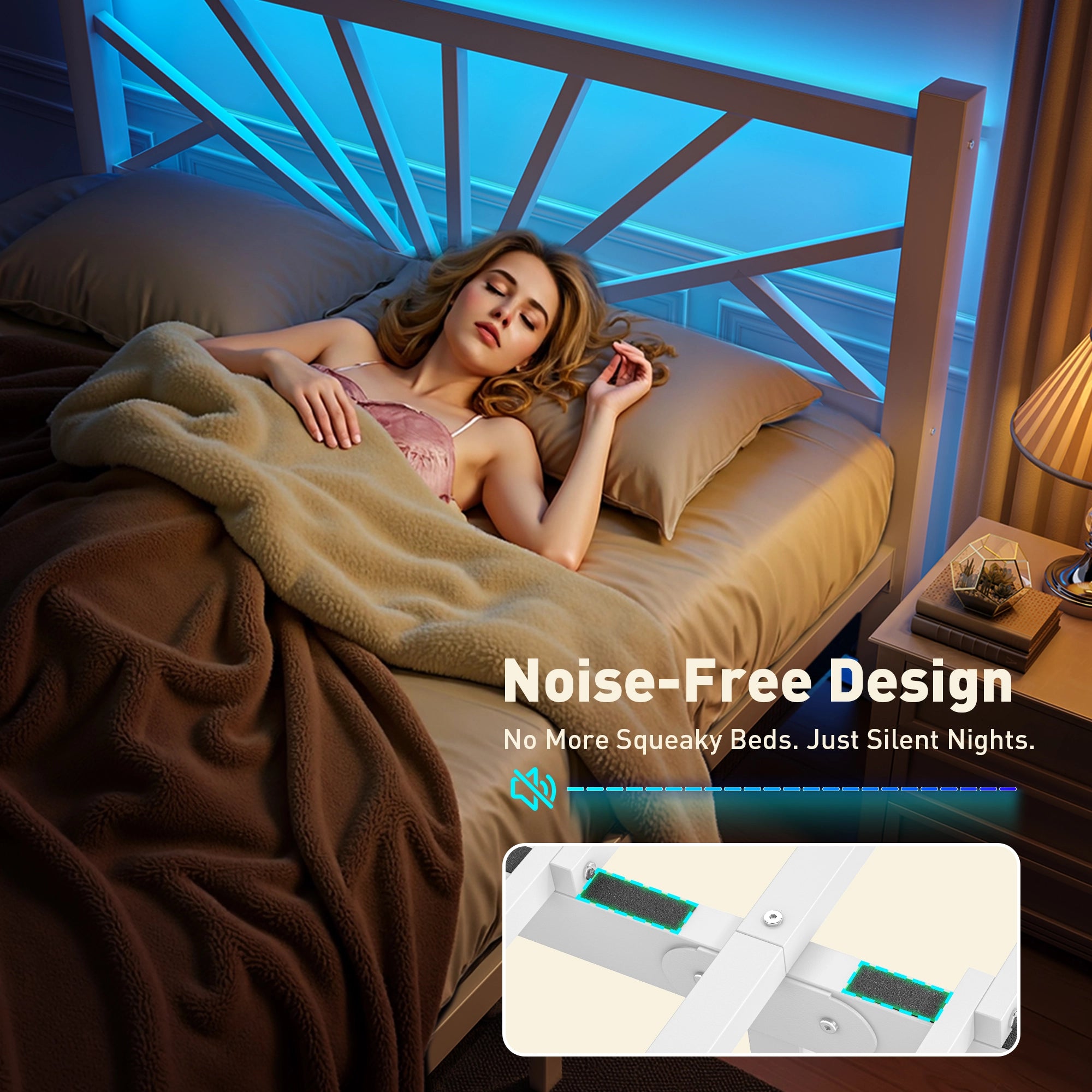 Snhomee Metal Bed Frame with LED Backlight, Storage Space, 1800lbs Weight Capacity & Quiet Structure