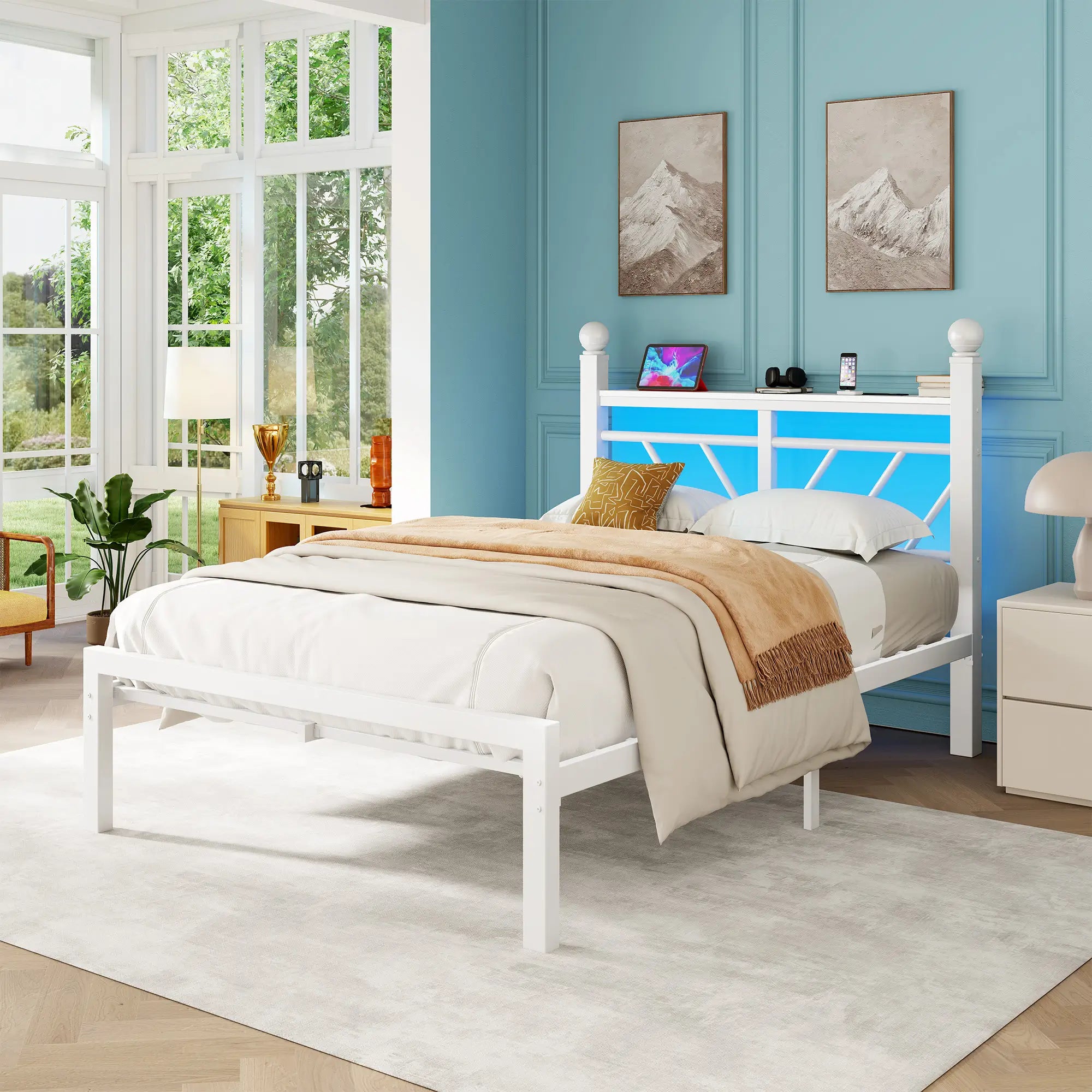 Snhomee Metal Bed Frame with LED Light Headboard & Outlet, Noise-Free Design, Under-Bed Storage for Bedroom