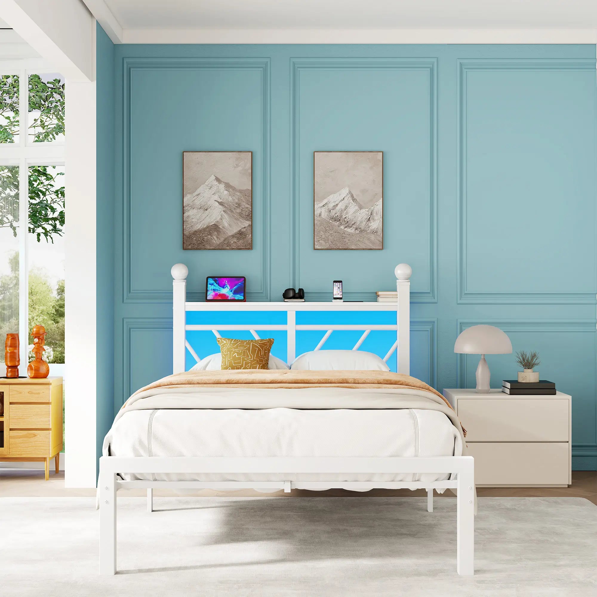 Snhomee Metal Bed Frame with LED Light Headboard & Outlet, Noise-Free Design, Under-Bed Storage for Bedroom