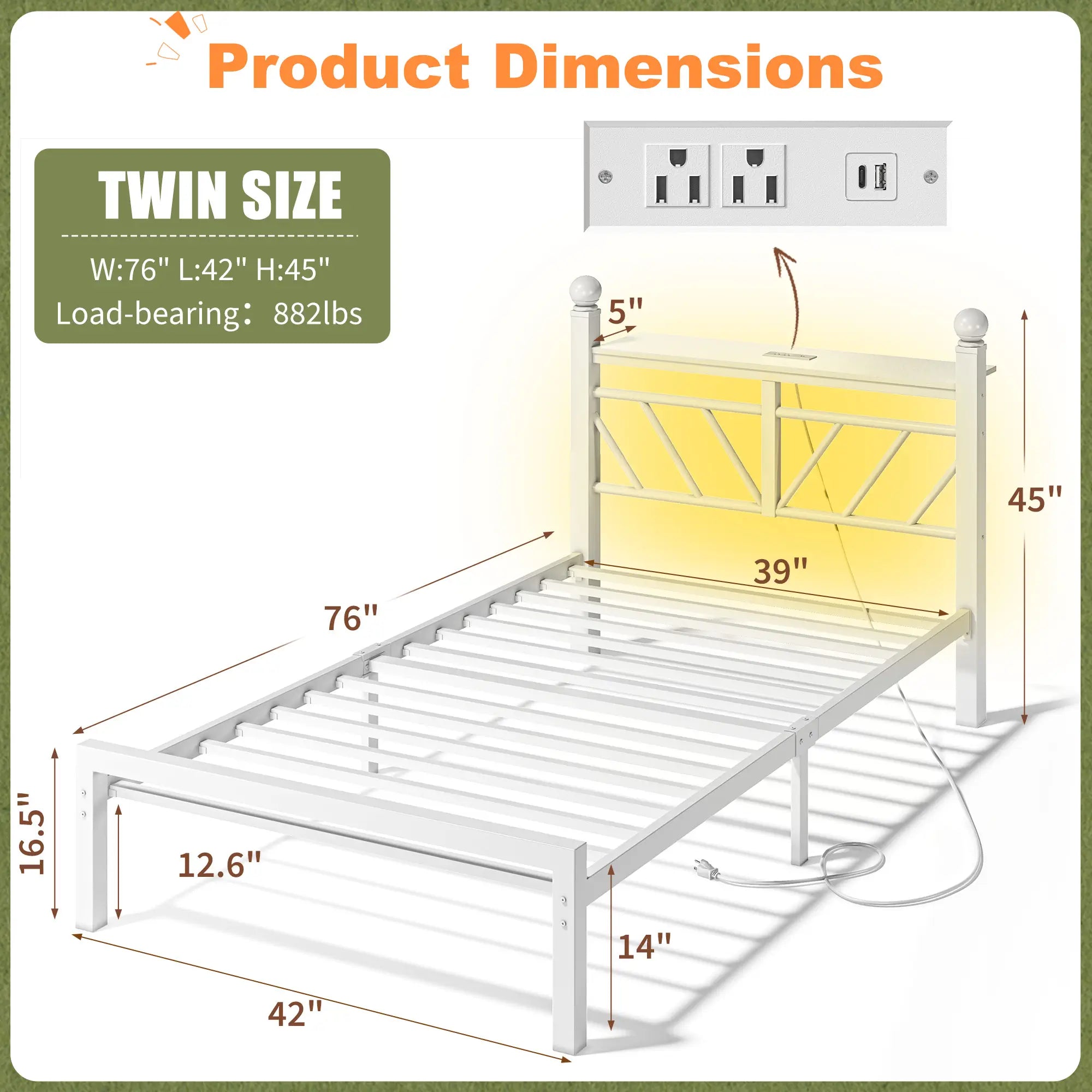 Snhomee Metal Bed Frame with LED Light Headboard & Outlet, Noise-Free Design, Under-Bed Storage for Bedroom