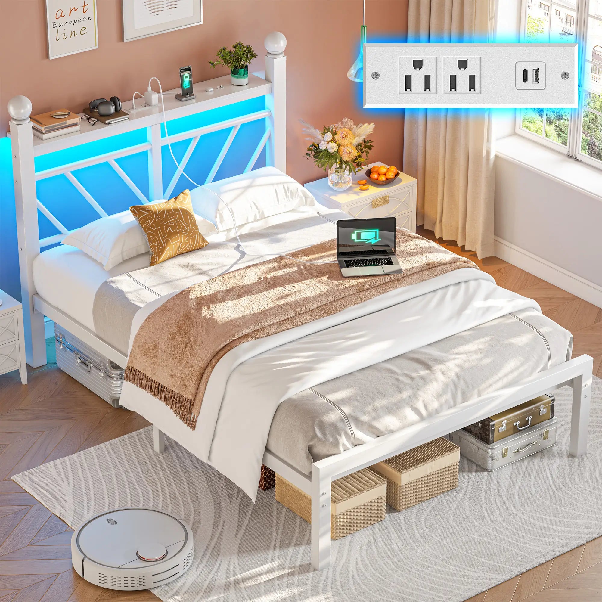 Snhomee Metal Bed Frame with LED Light Headboard & Outlet, Noise-Free Design, Under-Bed Storage for Bedroom
