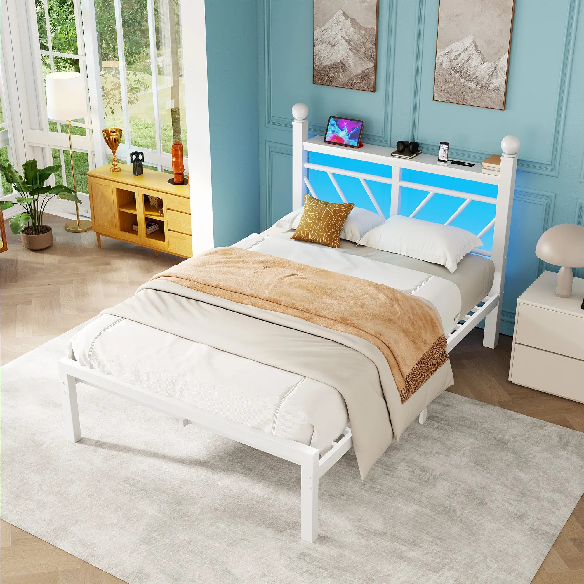 Snhomee Metal Bed Frame with LED Light Headboard & Outlet, Noise-Free Design, Under-Bed Storage for Bedroom