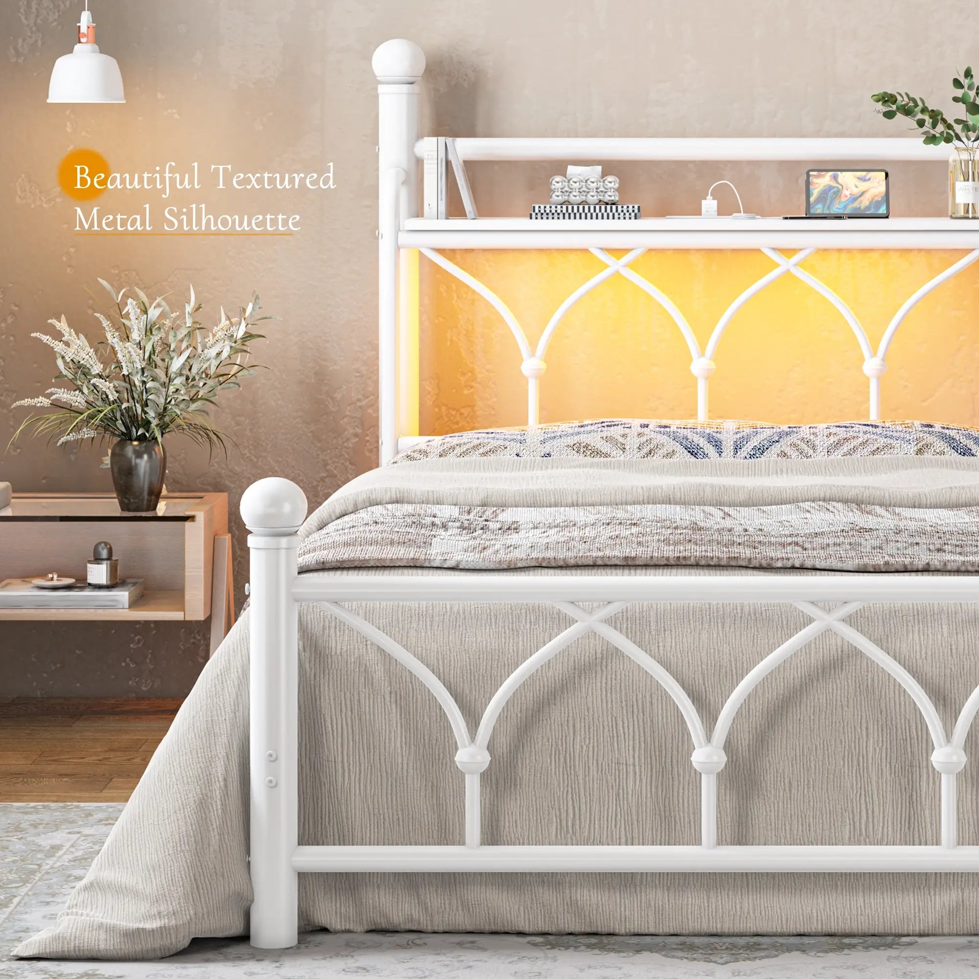 Functional Metal Bed Frame with LED Headboard & Charging Station – Storage Shelf, Noise-Free Design, 882lbs Capacity