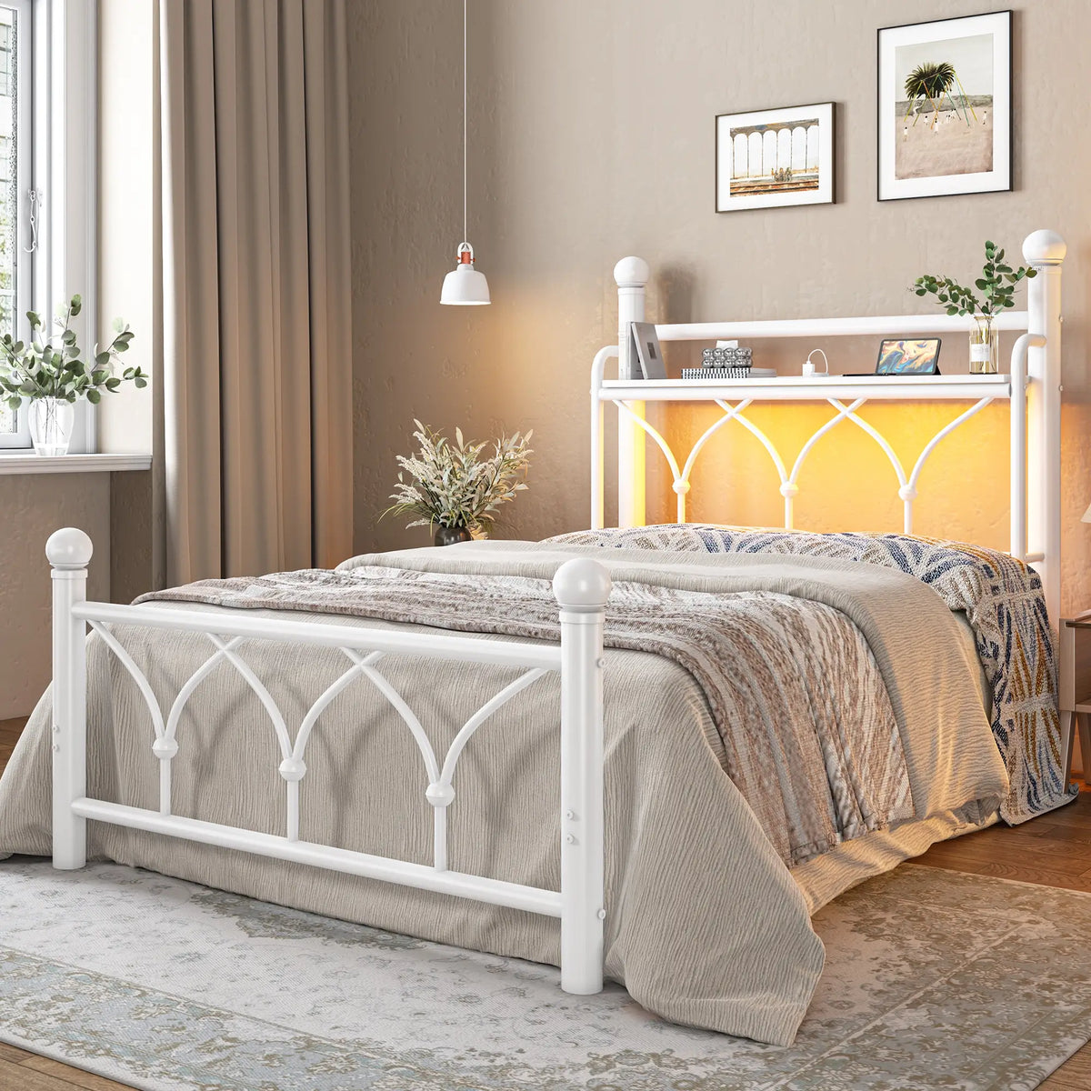Functional Metal Bed Frame with LED Headboard & Charging Station – Storage Shelf, Noise-Free Design, 882lbs Capacity