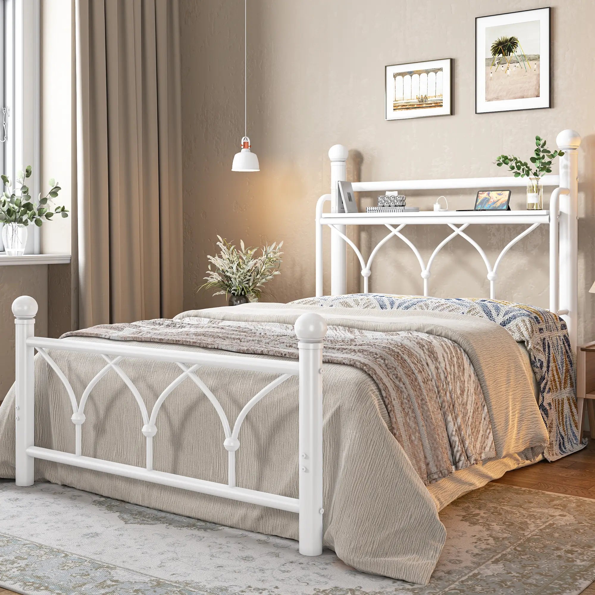 Functional Metal Bed Frame with LED Headboard & Charging Station – Storage Shelf, Noise-Free Design, 882lbs Capacity