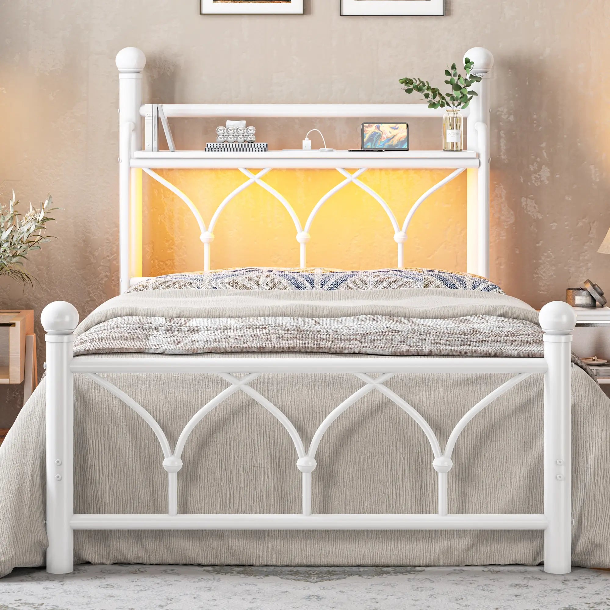 Functional Metal Bed Frame with LED Headboard & Charging Station – Storage Shelf, Noise-Free Design, 882lbs Capacity
