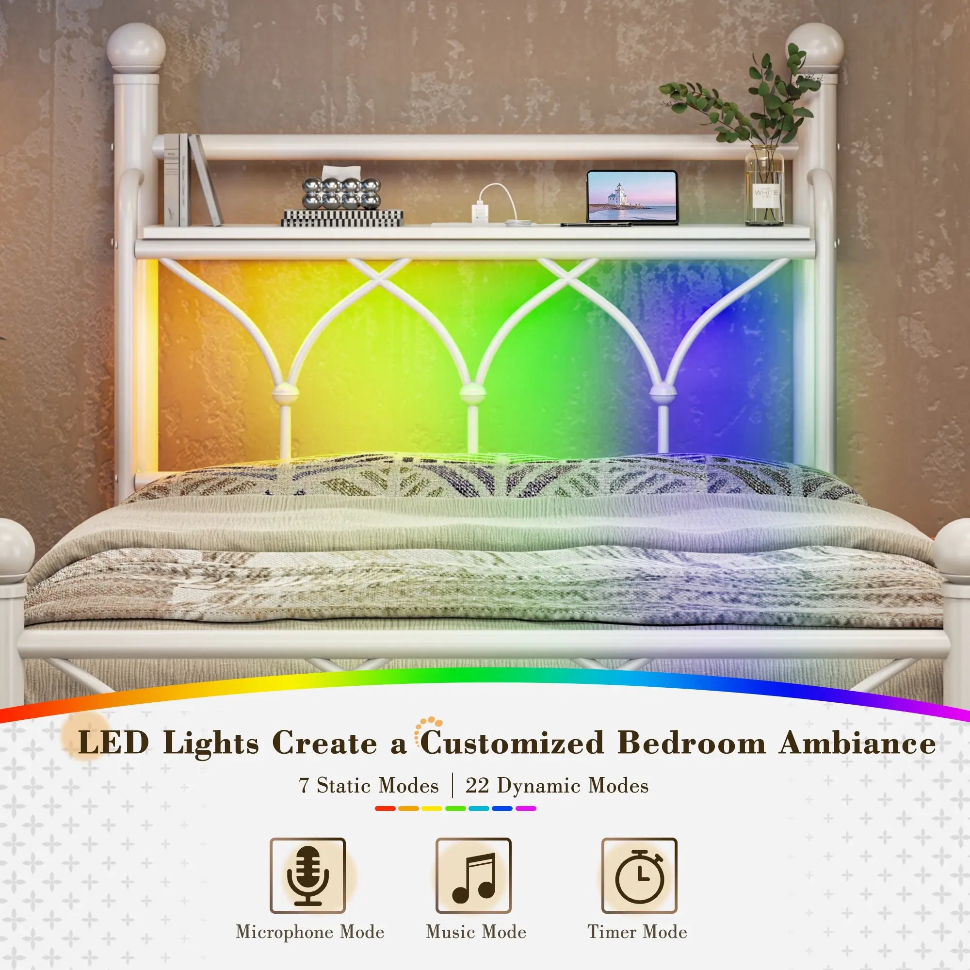 Functional Metal Bed Frame with LED Headboard & Charging Station – Storage Shelf, Noise-Free Design, 882lbs Capacity