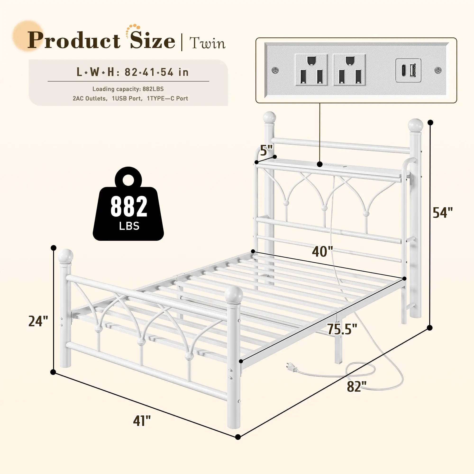 Functional Metal Bed Frame with LED Headboard & Charging Station – Storage Shelf, Noise-Free Design, 882lbs Capacity