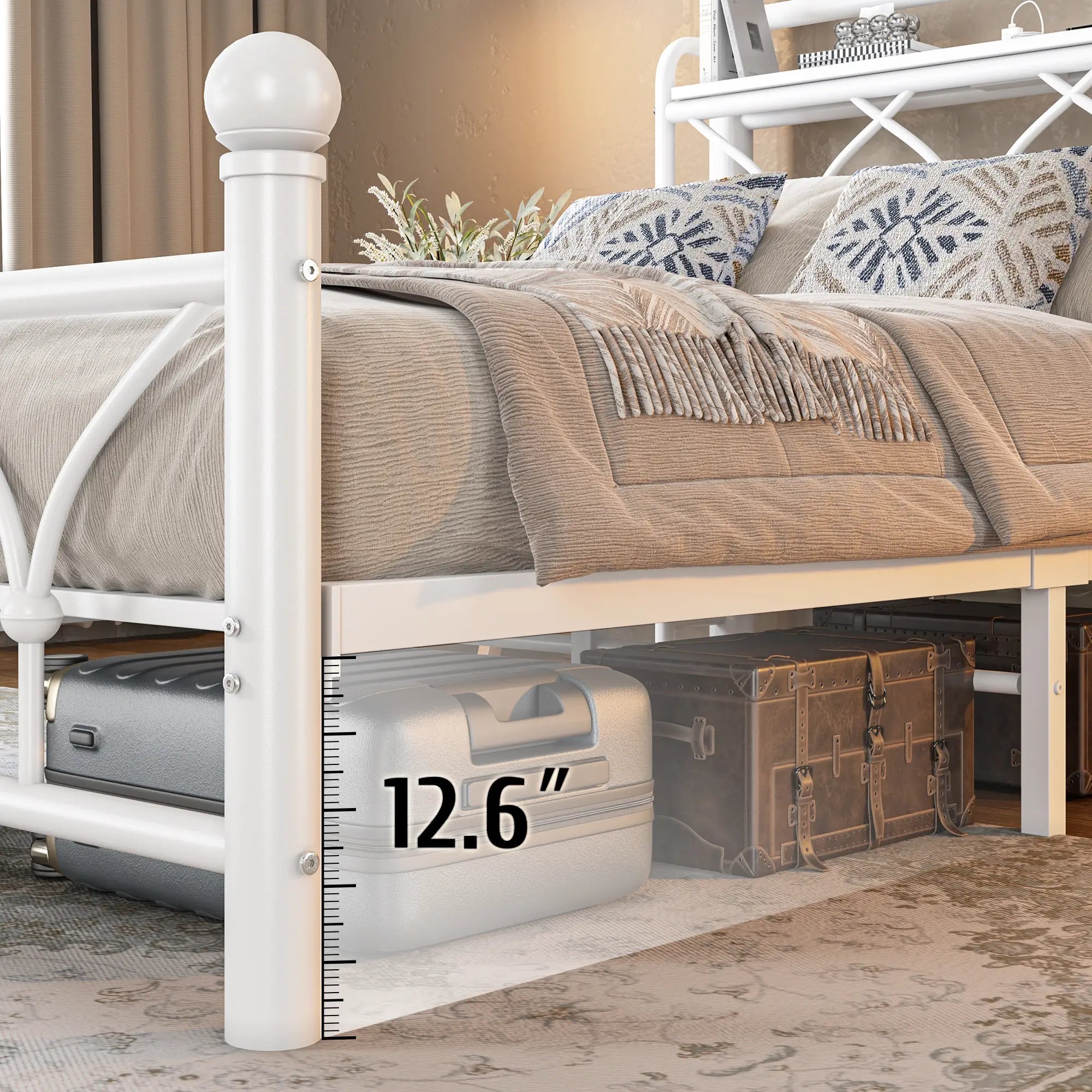 Functional Metal Bed Frame with LED Headboard & Charging Station – Storage Shelf, Noise-Free Design, 882lbs Capacity
