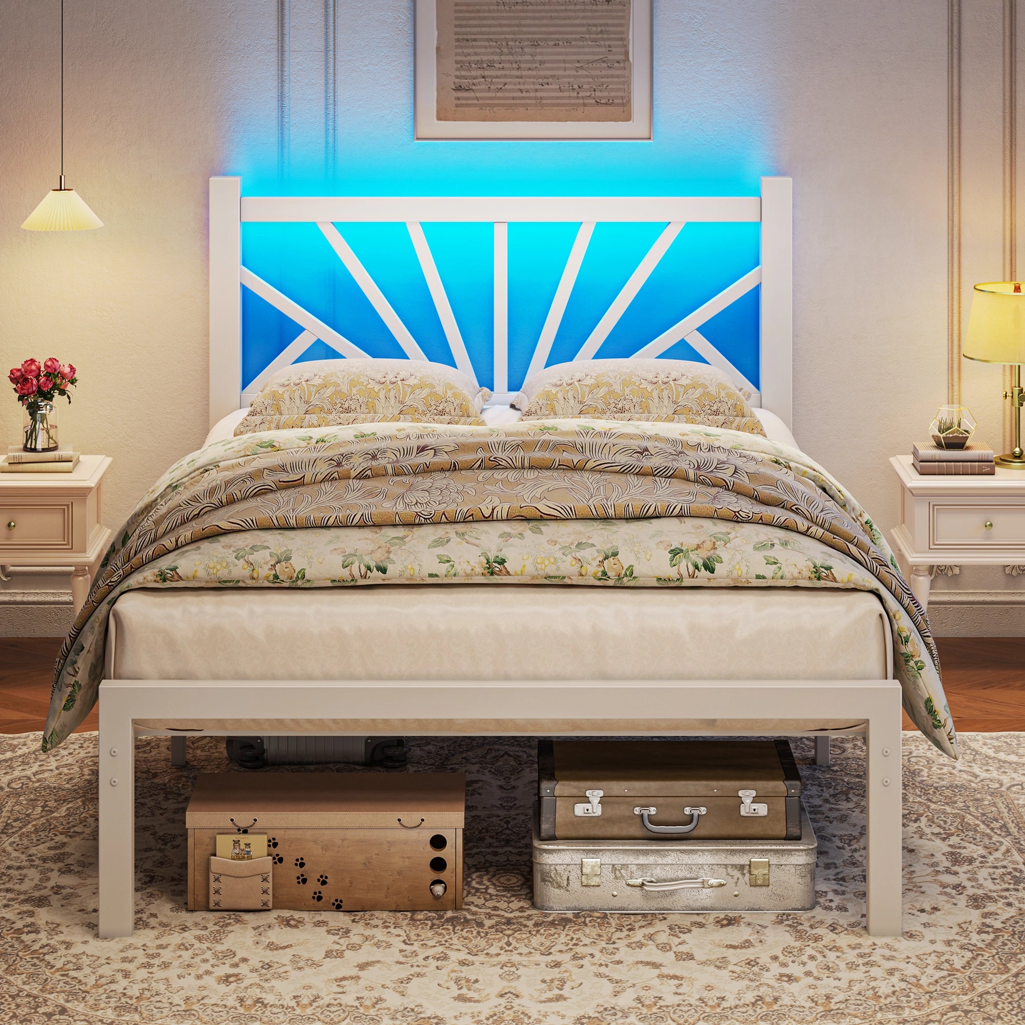 Snhomee Metal Bed Frame with LED Backlight, Storage Space, 1800lbs Weight Capacity & Quiet Structure