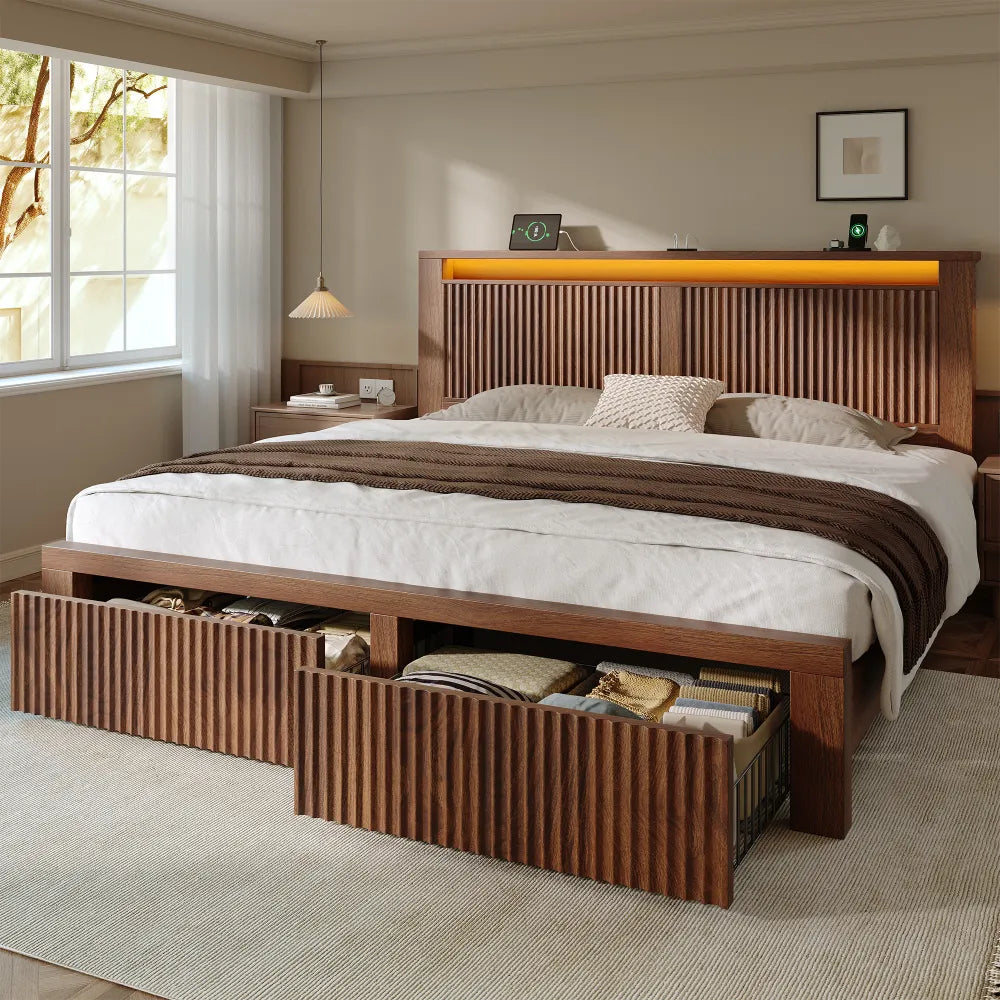 Snhomee Fluted Wooden Platform Bed Frame with Tall Headboard, 2 Storage Drawers, LED Lights & Charging, 800 LBS Weight Capacity, Noise-Free, No Box Spring Needed, Farmhouse Style