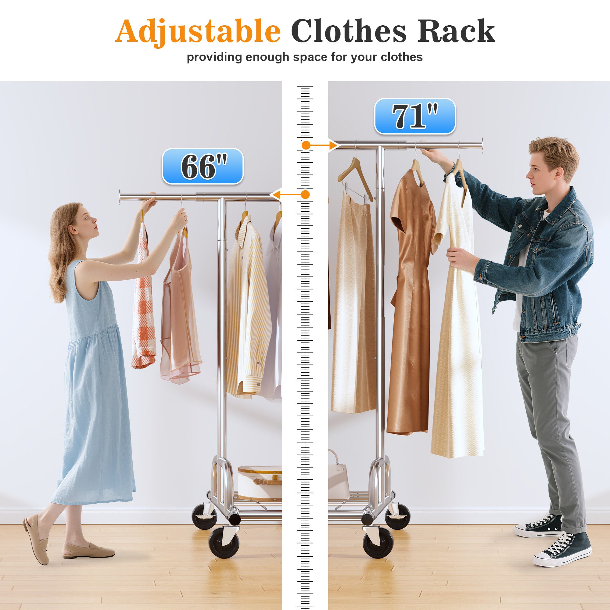 Snhomee 75"W 485LBS Clothes Rack, Metal Garment Rack With Wheels, Adjustable  Rolling Clothing Rack,  Portable Clothes Rack For Dorm