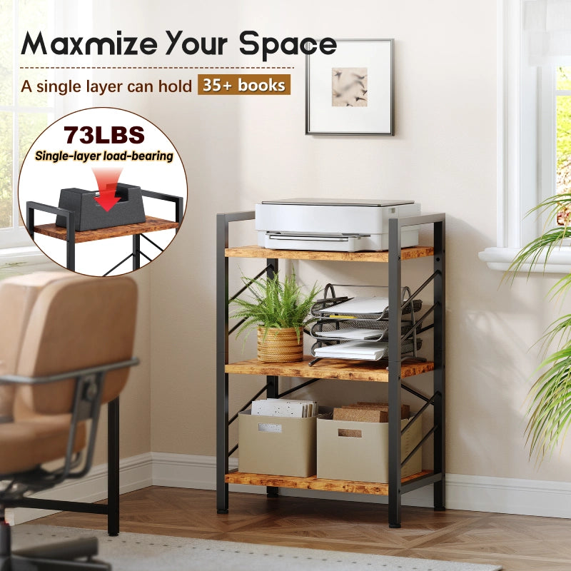 Three-tier bookshelf with each tier supporting 73 lbs