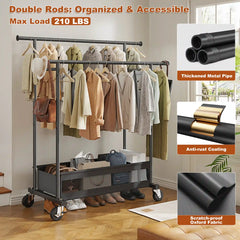 Snhomee Double Rod Clothing Rack with Storage Bag & Sturdy Wheels, rolling clothing racks,Metal Garment Rack for Closet Organizers and Storage