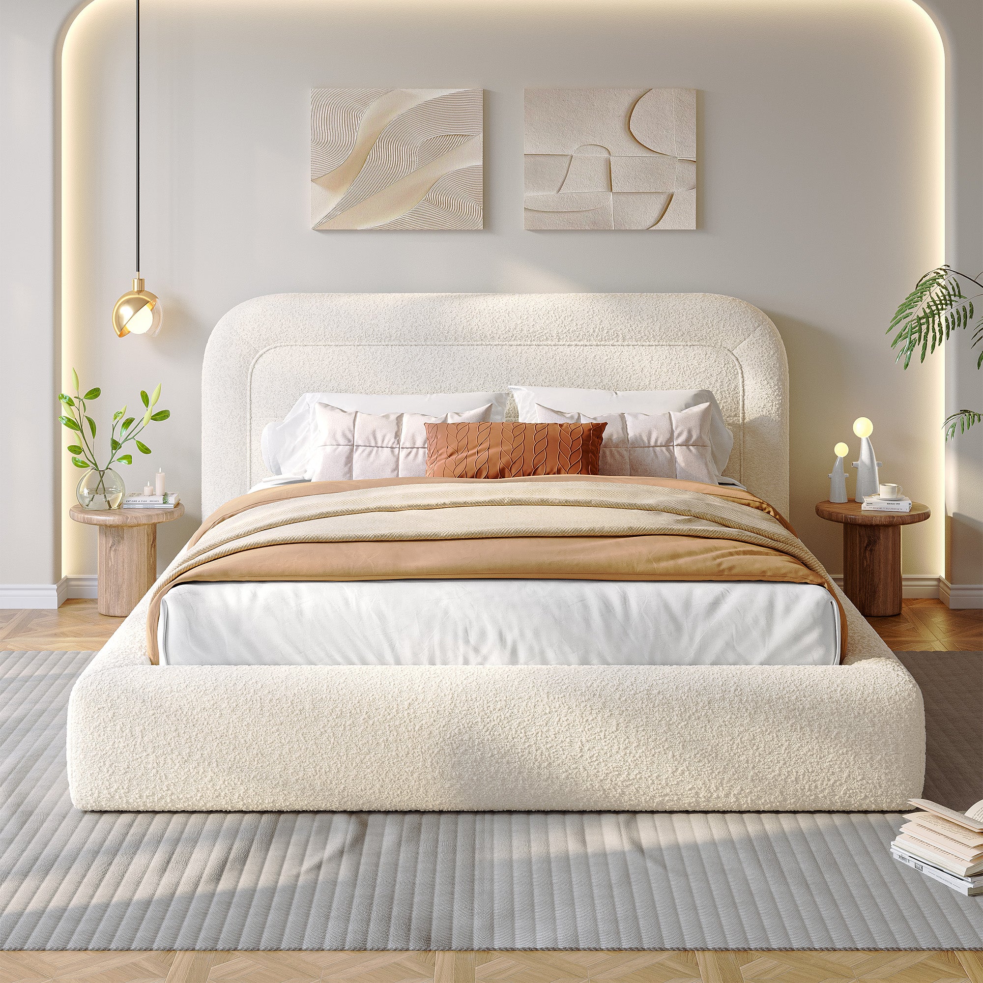 White Cloud Upholstered Bed Frame with Headboard – Soft Rounded Corners, Silent & Modern Design for Cozy Bedrooms and Apartments