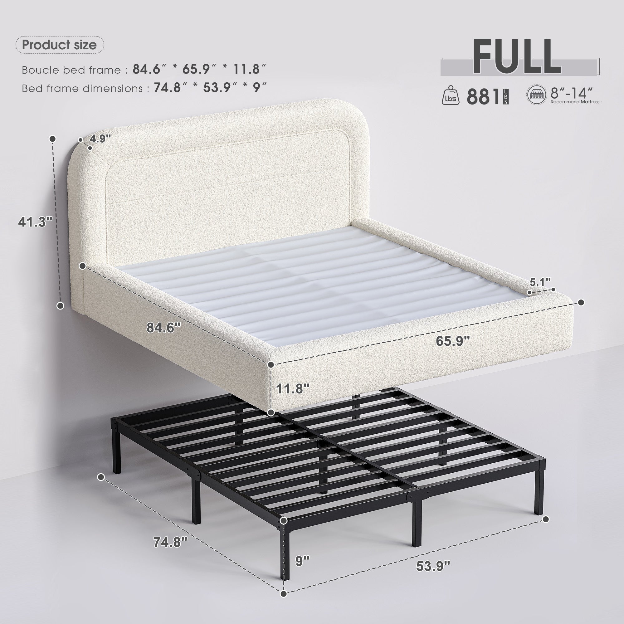 White Cloud Upholstered Bed Frame with Headboard – Soft Rounded Corners, Silent & Modern Design for Cozy Bedrooms and Apartments