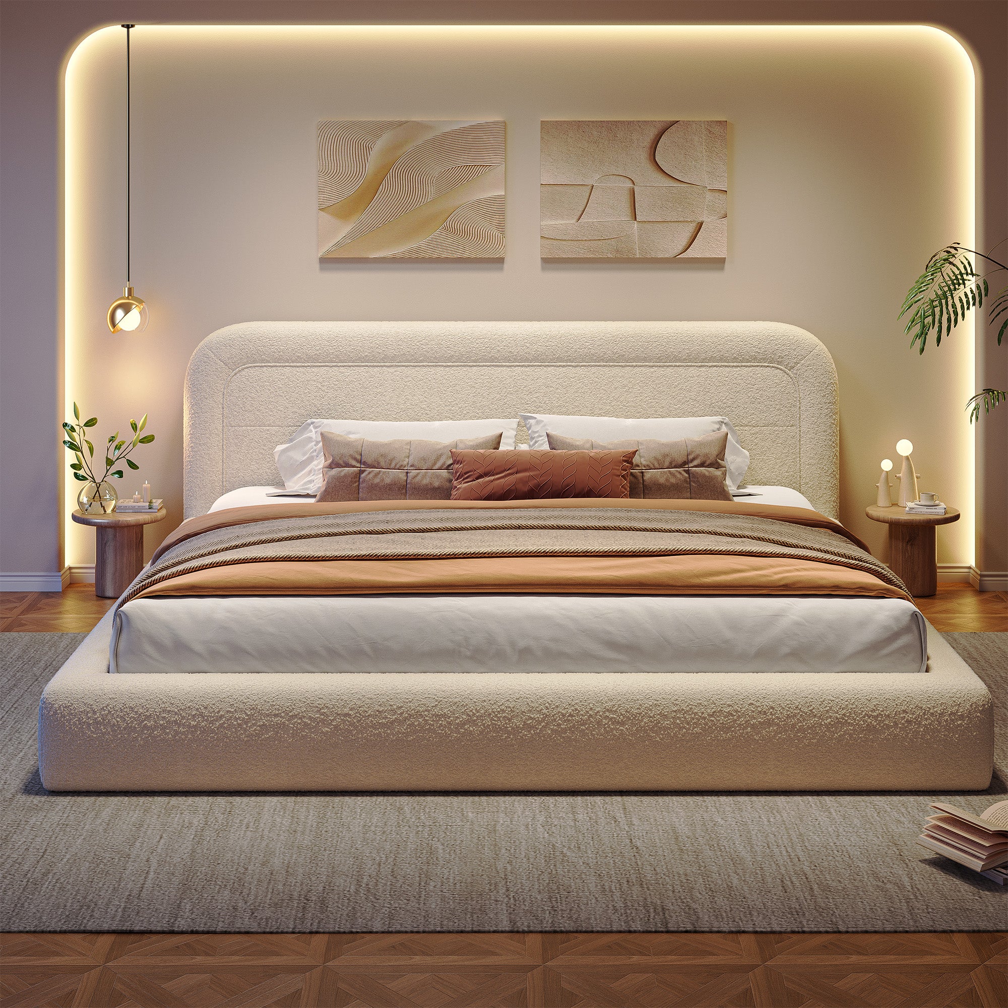 White Cloud Upholstered Bed Frame with Headboard – Soft Rounded Corners, Silent & Modern Design for Cozy Bedrooms and Apartments