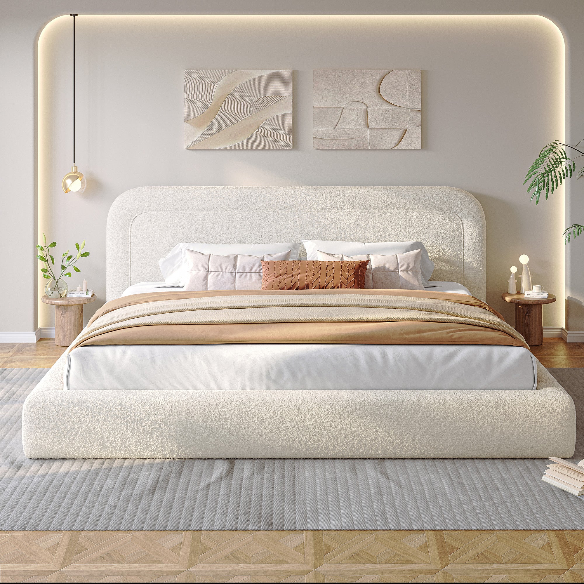 White Cloud Upholstered Bed Frame with Headboard – Soft Rounded Corners, Silent & Modern Design for Cozy Bedrooms and Apartments