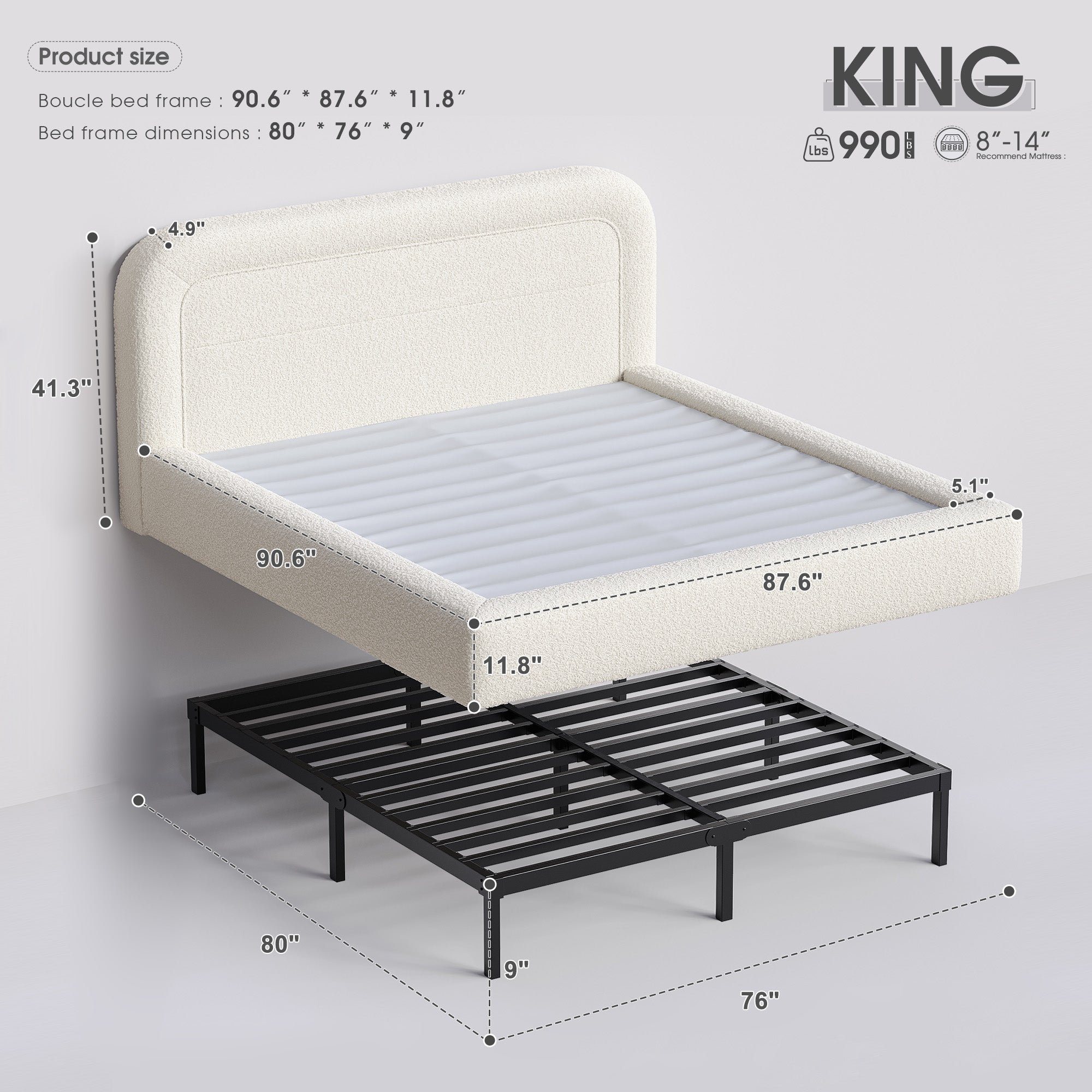 White Cloud Upholstered Bed Frame with Headboard – Soft Rounded Corners, Silent & Modern Design for Cozy Bedrooms and Apartments