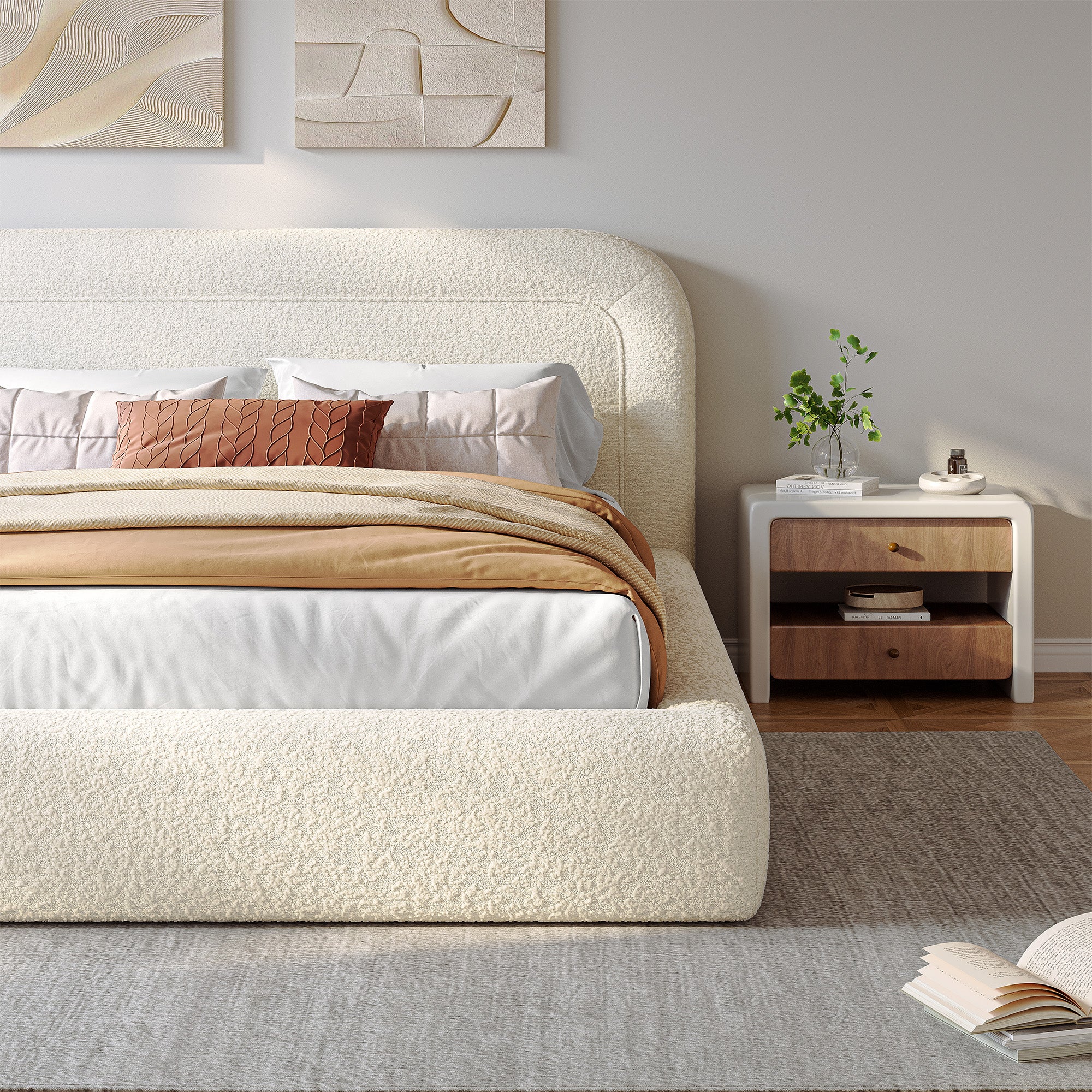 White Cloud Upholstered Bed Frame with Headboard – Soft Rounded Corners, Silent & Modern Design for Cozy Bedrooms and Apartments