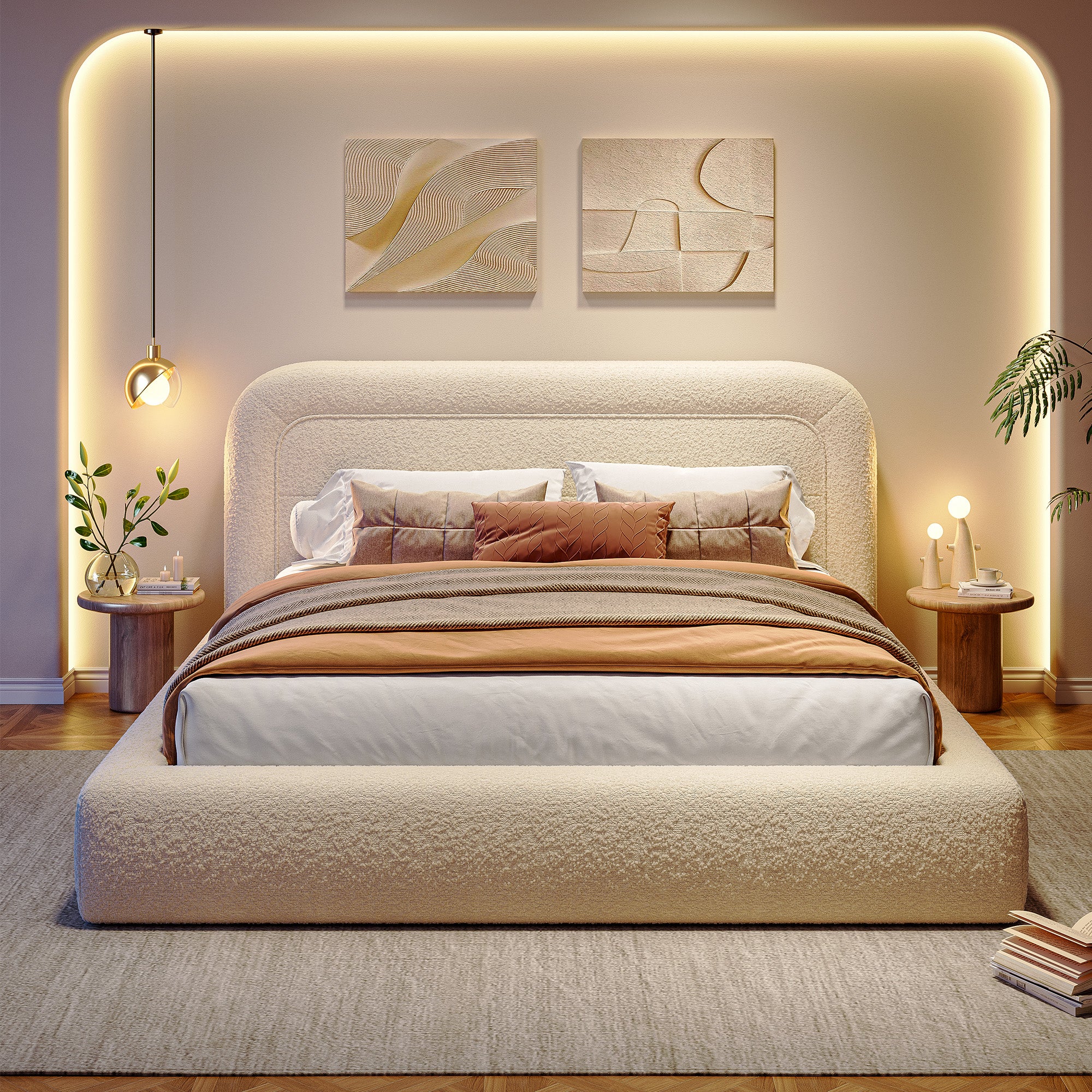 White Cloud Upholstered Bed Frame with Headboard – Soft Rounded Corners, Silent & Modern Design for Cozy Bedrooms and Apartments