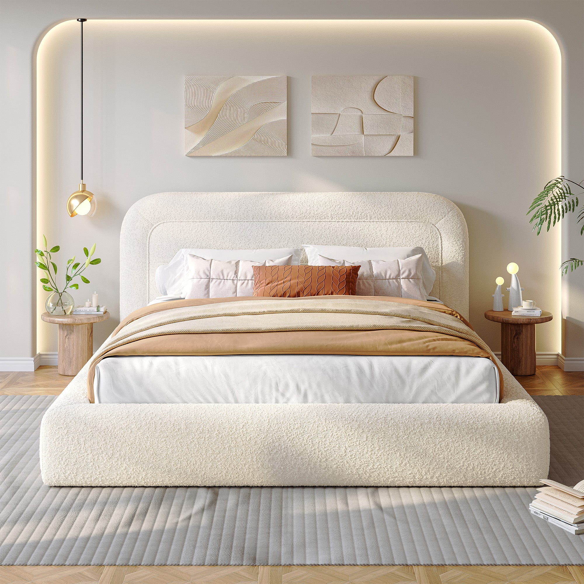 White Cloud Upholstered Bed Frame with Headboard – Soft Rounded Corners, Silent & Modern Design for Cozy Bedrooms and Apartments