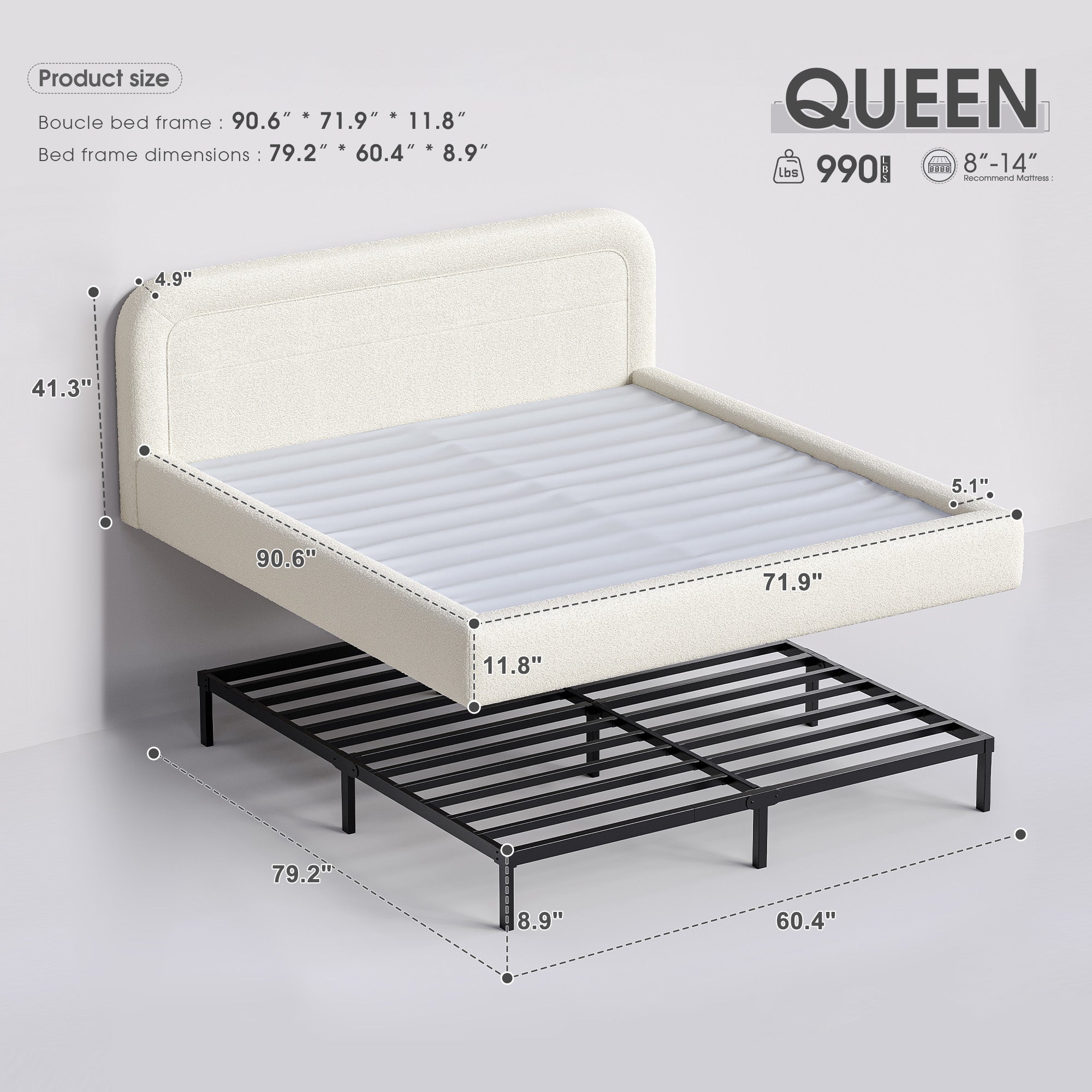 White Cloud Upholstered Bed Frame with Headboard – Soft Rounded Corners, Silent & Modern Design for Cozy Bedrooms and Apartments