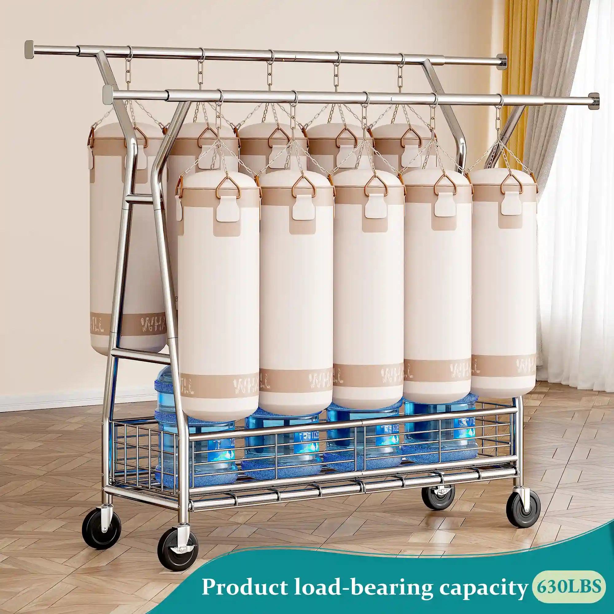 With a load capacity of 630 lbs, many heavy sandbags are hung on the hanger to demonstrate its load-bearing capability.