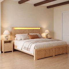 Snhomee Wood Fluted Platform Bed Frame with 2 Storage Drawers, LED Storage Headboard & Charging Station, 800 lbs Support, No Box Spring Needed