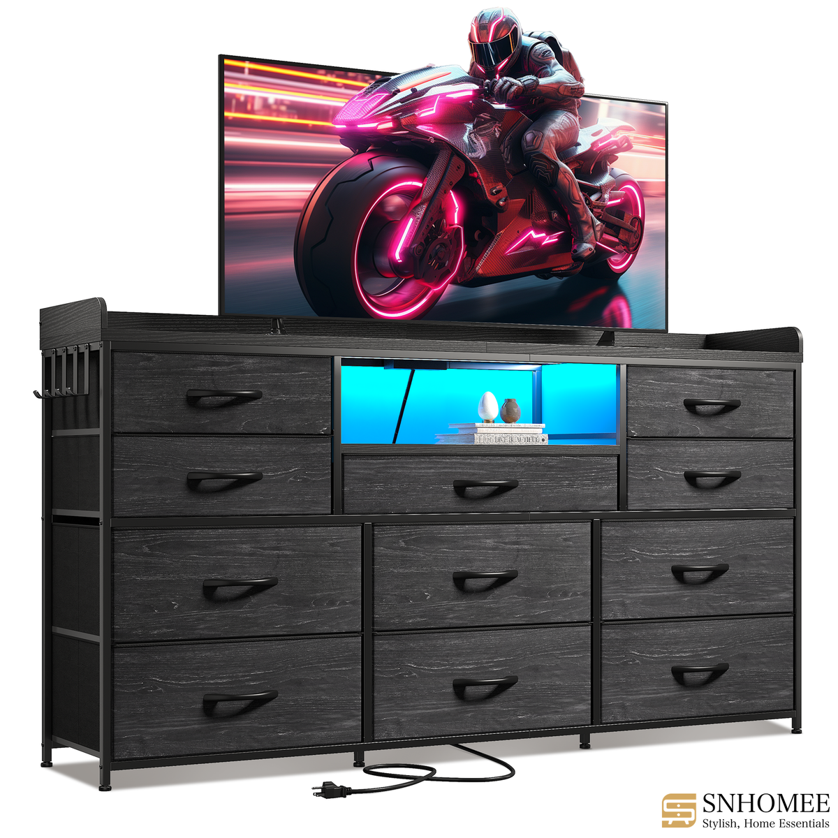 ‌60" Dresser TV Stand w/11 Drawers | LED Lights, Power Outlets & Hooks | Sturdy Metal Frame & Wood Top-Charcoal Black-snhomee