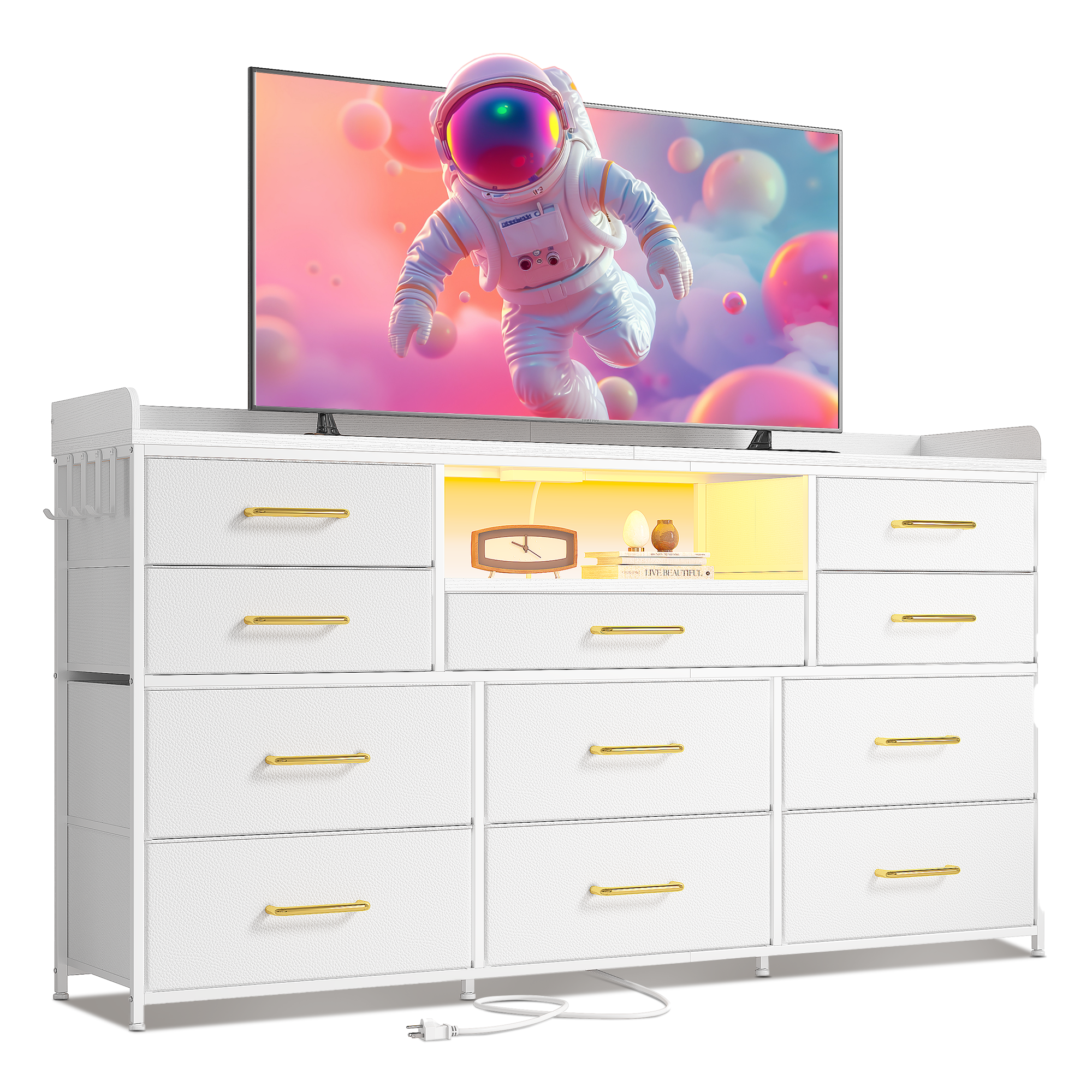 ‌60" Dresser TV Stand w/11 Drawers | LED Lights, Power Outlets & Hooks | Sturdy Metal Frame & Wood Top-White-snhomee