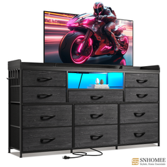 ‌60" Dresser TV Stand w/11 Drawers | LED Lights, Power Outlets & Hooks | Sturdy Metal Frame & Wood Top-Charcoal Black-snhomee