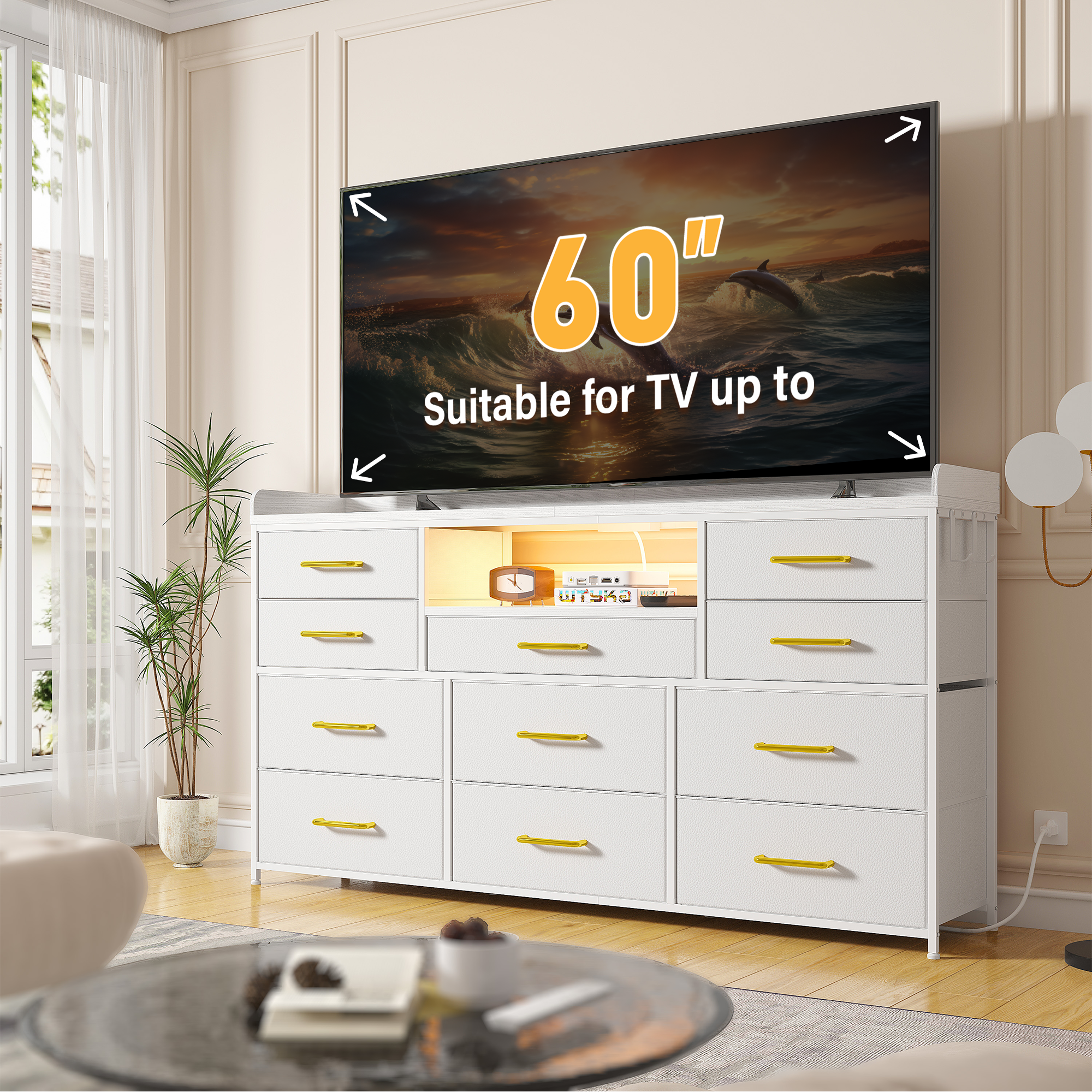 ‌60" Dresser TV Stand w/11 Drawers | LED Lights, Power Outlets & Hooks | Sturdy Metal Frame & Wood Top-Charcoal Black-snhomee