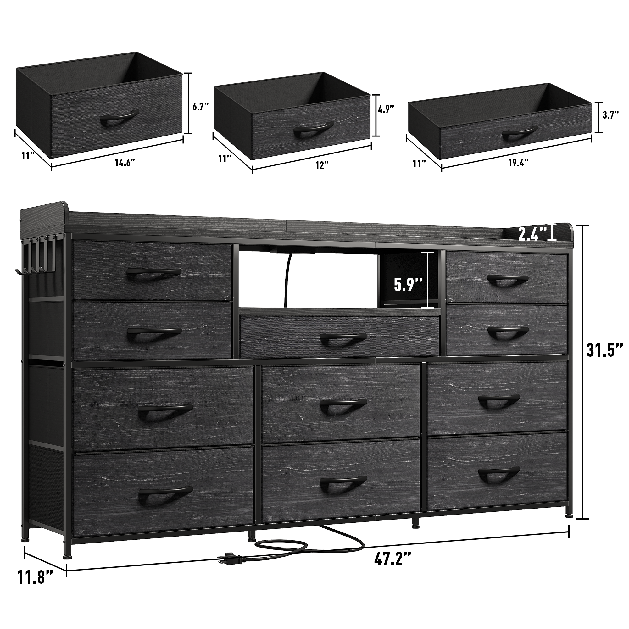 ‌60" Dresser TV Stand w/11 Drawers | LED Lights, Power Outlets & Hooks | Sturdy Metal Frame & Wood Top-Charcoal Black-snhomee