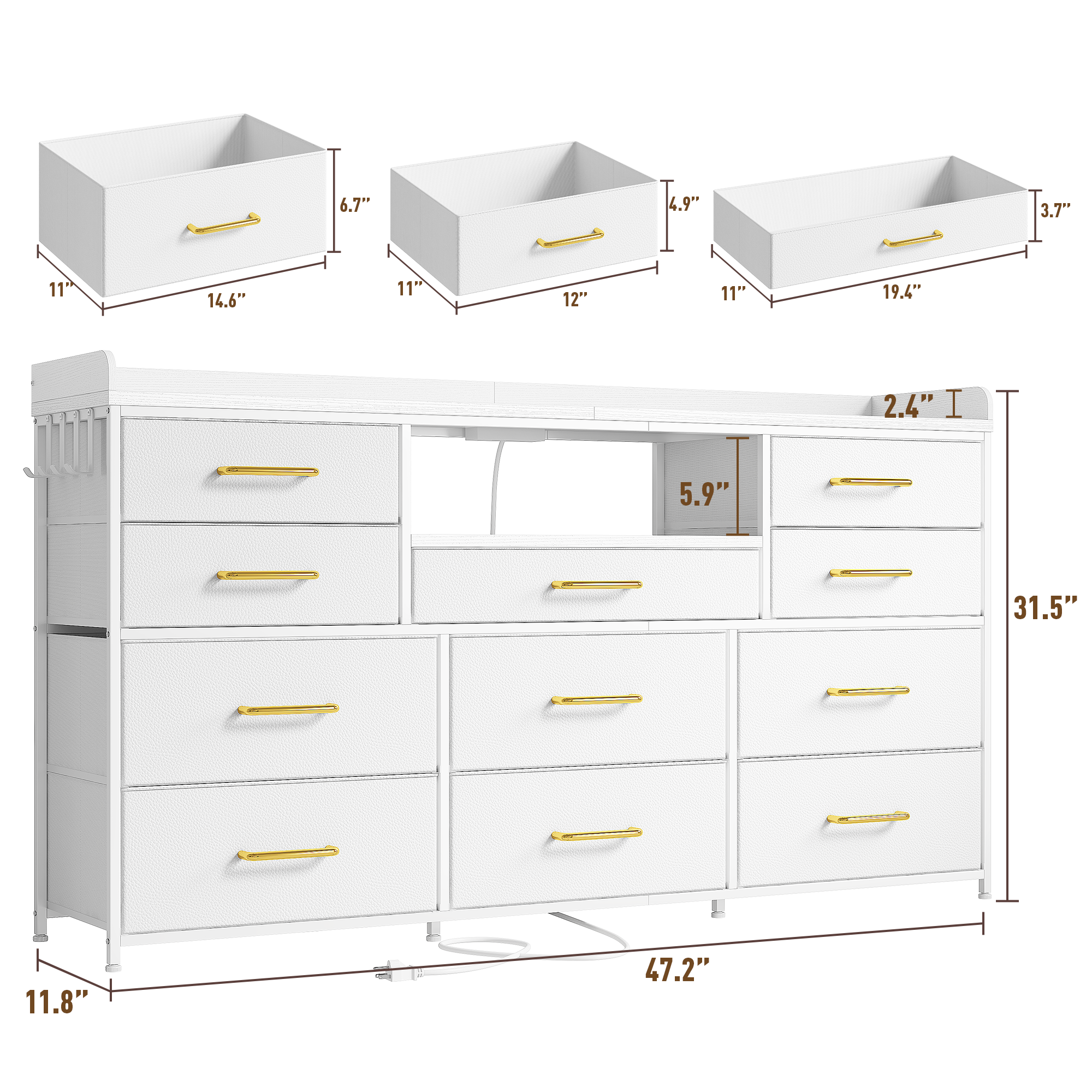‌60" Dresser TV Stand w/11 Drawers | LED Lights, Power Outlets & Hooks | Sturdy Metal Frame & Wood Top-Charcoal Black-snhomee